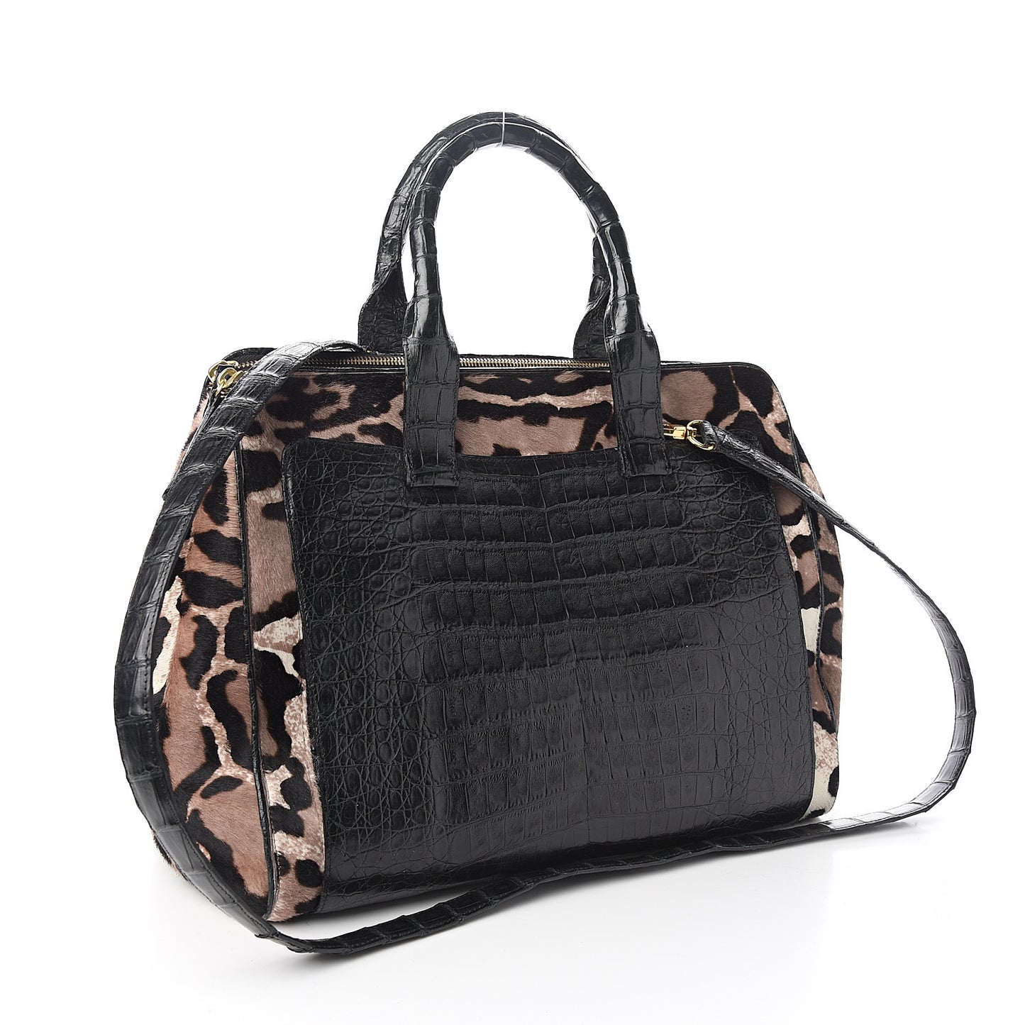 Crocodile Calf Hair Leopard Print Satchel Black