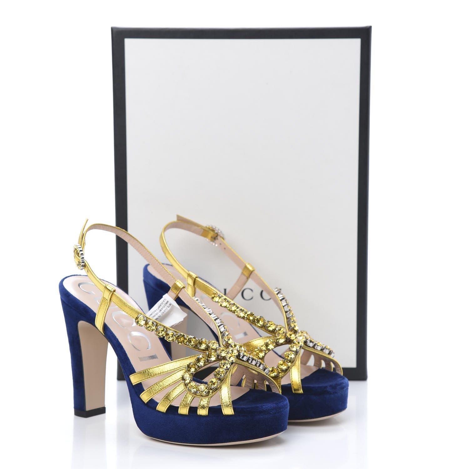 Gucci Velvet Nappa Crystal Zephyra Slingback Platform High Heel Sandals 36.5 Blue Gold 10 of 10