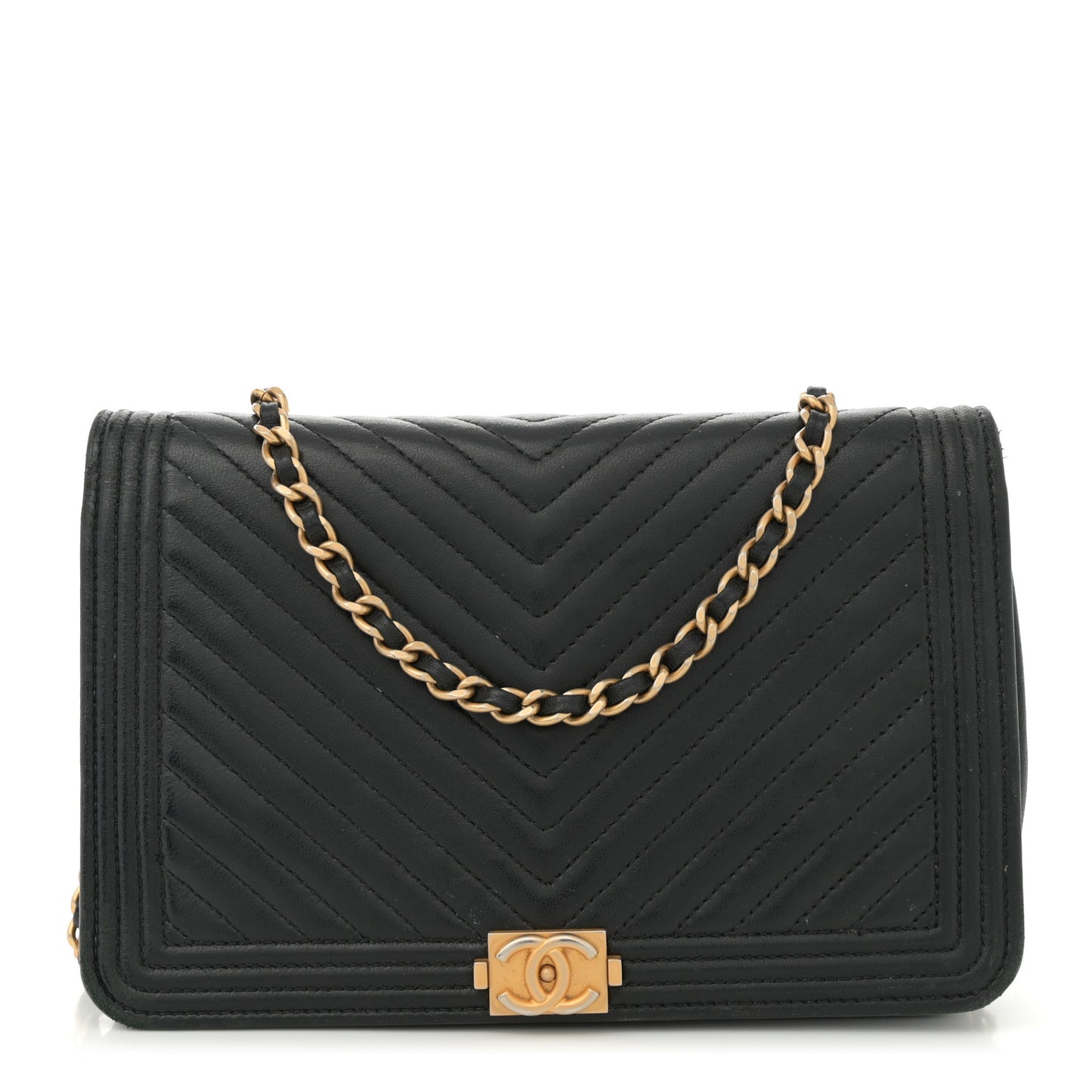 Caviar Chevron Quilted Boy Wallet On Chain WOC Black