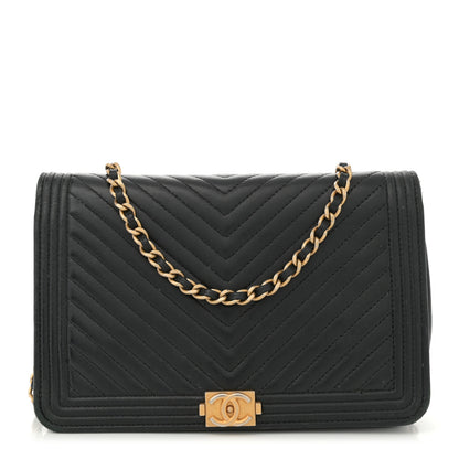 Chanel Caviar Chevron Quilted Boy Wallet On Chain WOC Black 1 of 12