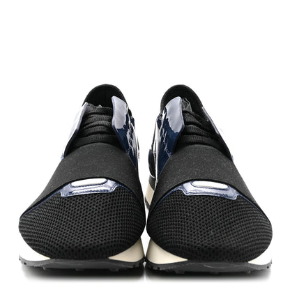 Balenciaga Patent Calfskin Neoprene Mesh Suede Mens Race Runner Sneakers 43 Black Navy 3 of 8
