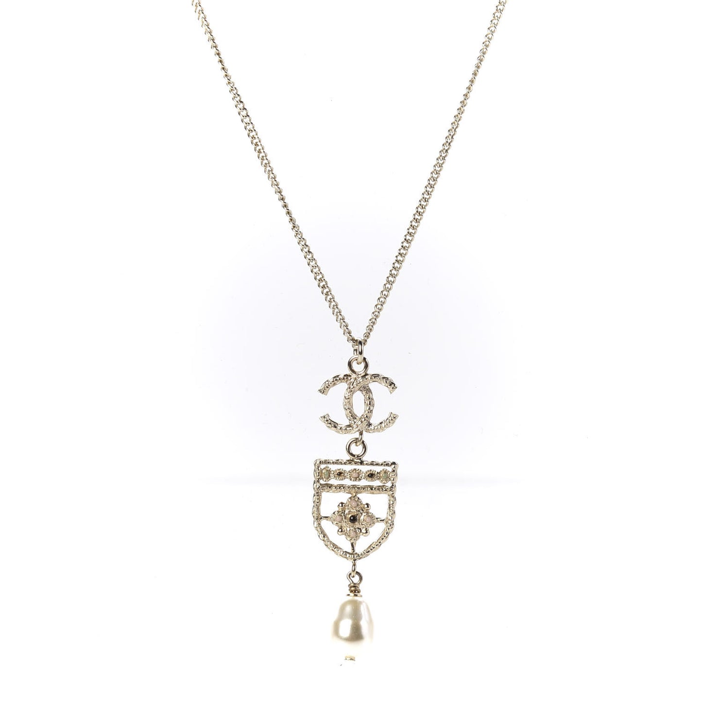 Resin Pearl CC Shield Drop Necklace Light Gold