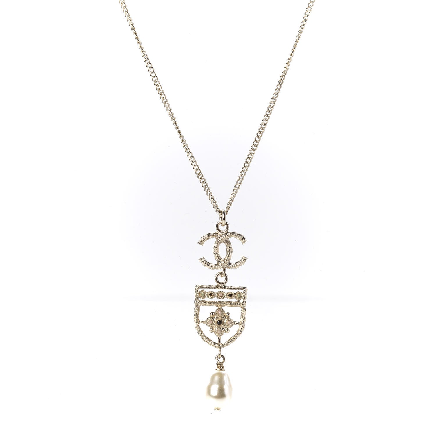 Chanel Resin Pearl CC Shield Drop Necklace Light Gold 1 of 5