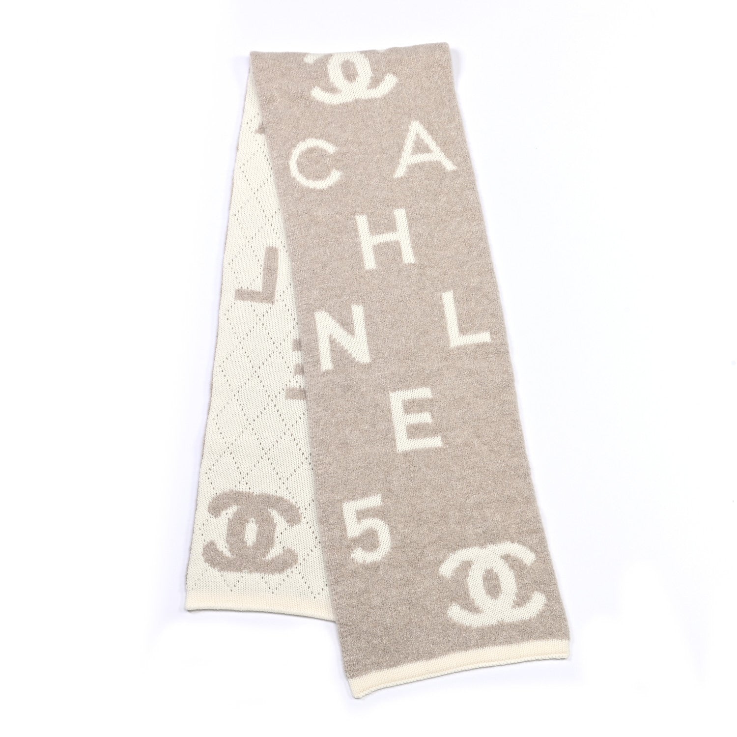 Chanel Wool Cashmere Silk CC Scarf Beige White 2 of 4