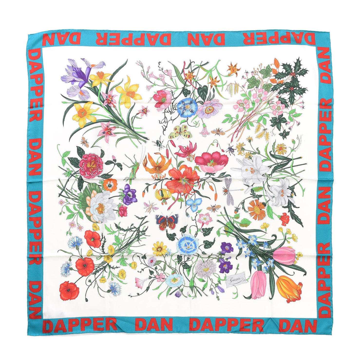 X DAPPER DAN Silk Flora Square Scarf Ivory Sky Blue