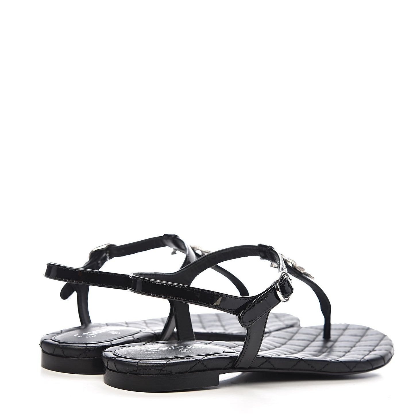 Patent Calfskin CC Chain Thong Sandals 35 Black