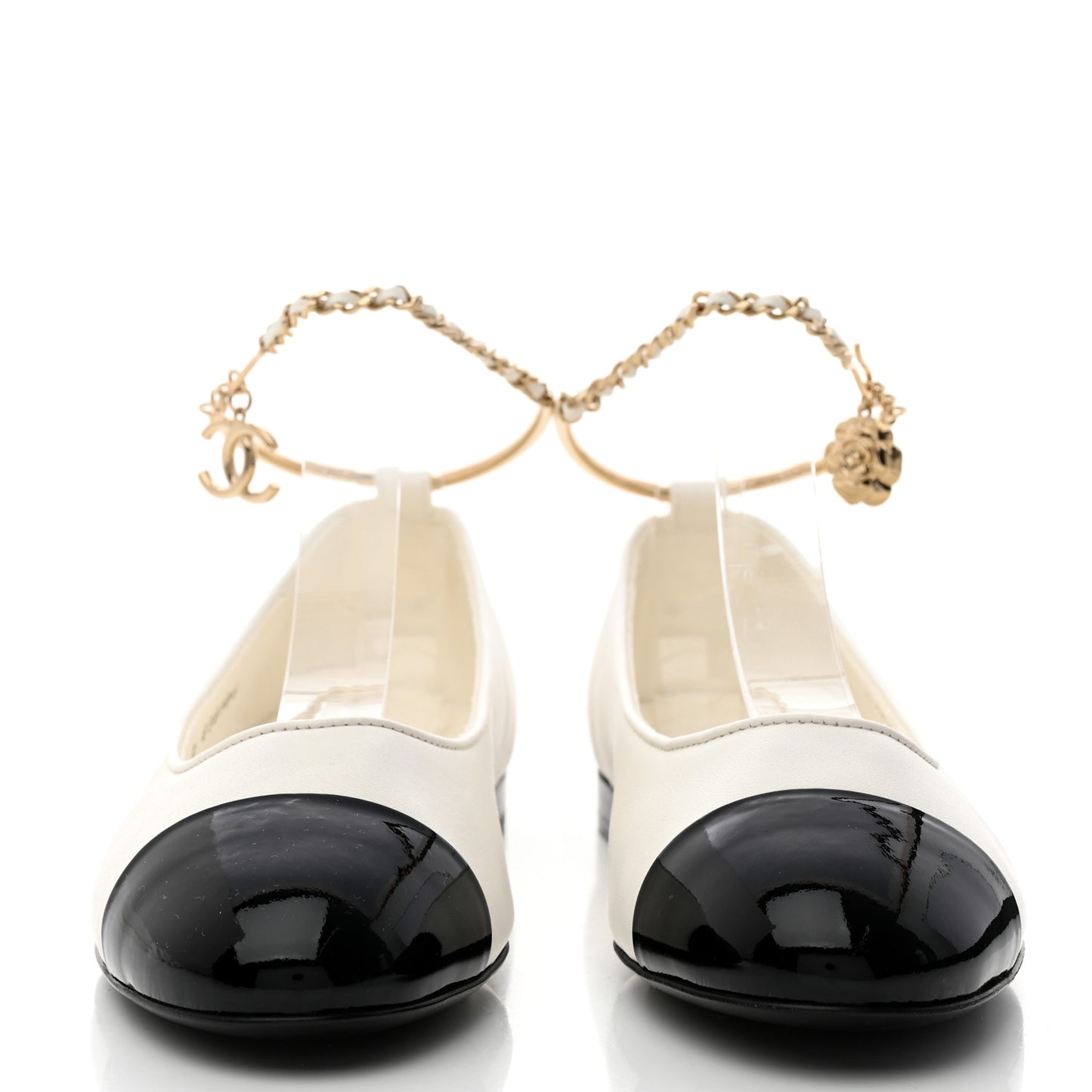 Lambskin Patent Calfskin Cap Toe Ankle Chain Ballerina Flats 36 White Black