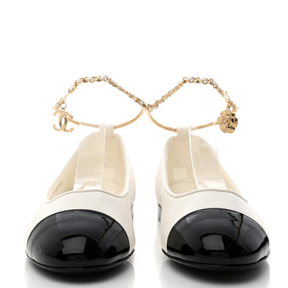 Chanel Lambskin Patent Calfskin Cap Toe Ankle Chain Ballerina Flats 36 White Black 2 of 9