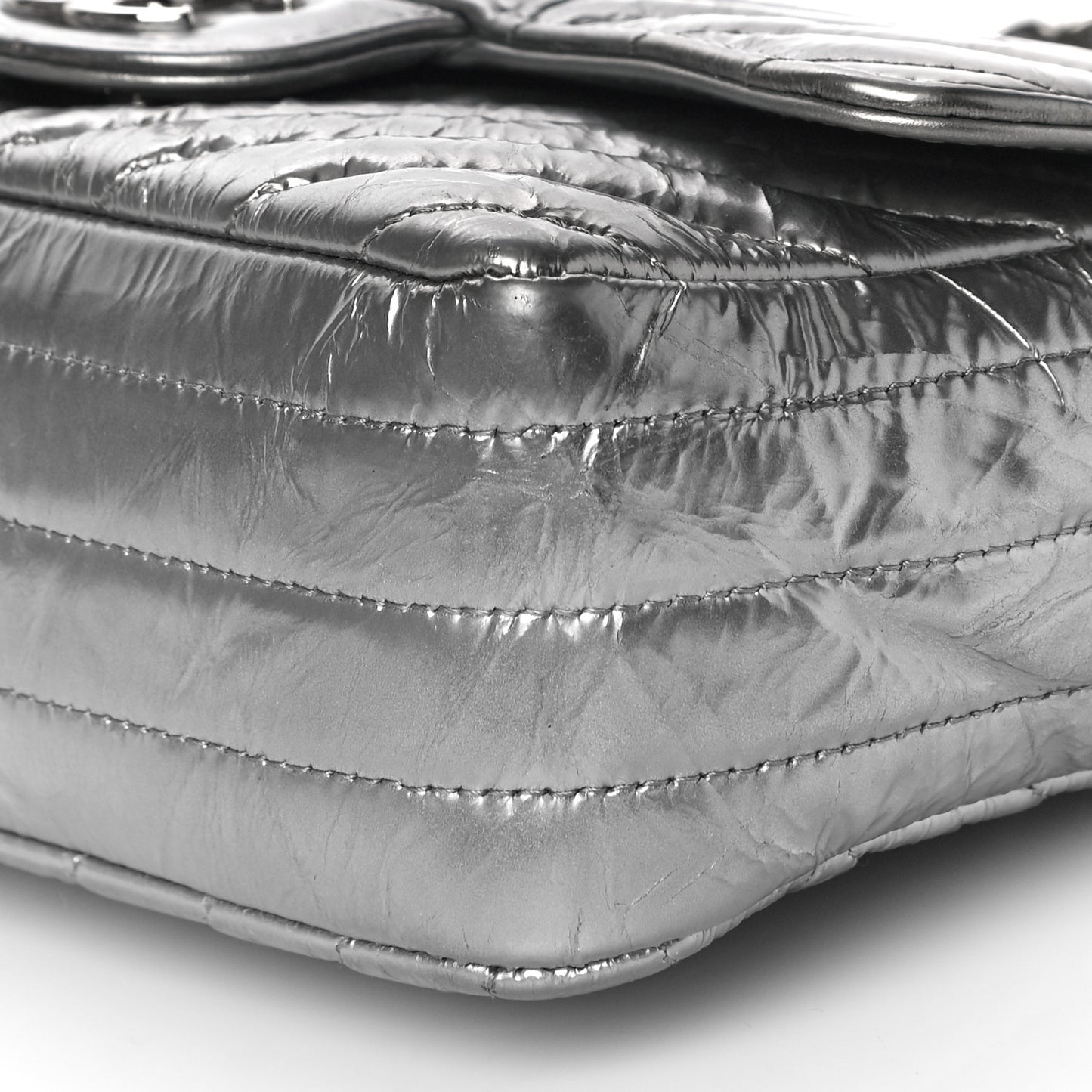 Patent Metallic Crumpled Calfskin Chevron Quilted Mini Rectangular Flap Silver