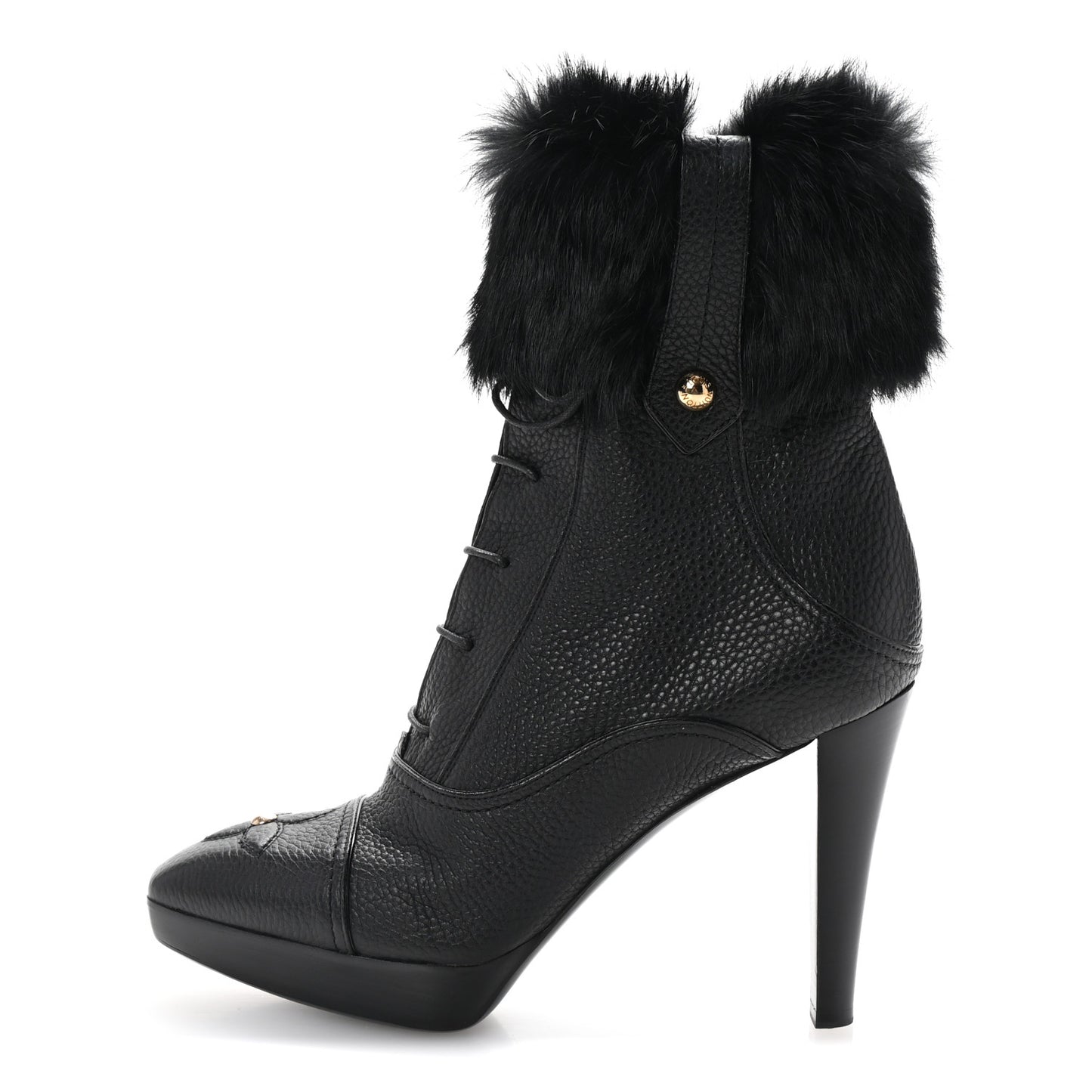 Grained Calfskin Fur Platform Ankle Boots 37.5 Black