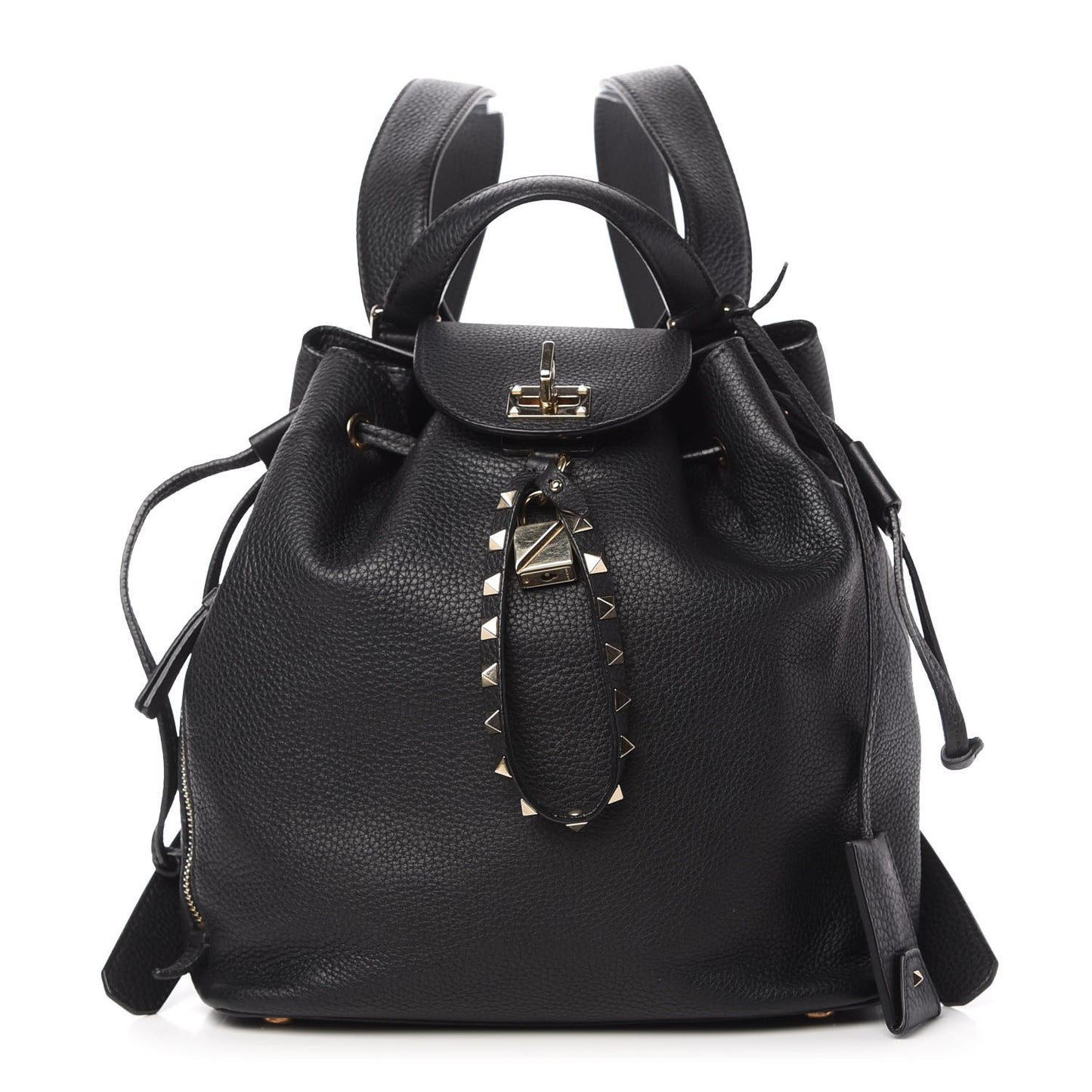 Pebbled Calfskin Rockstud Drawstring Backpack Black