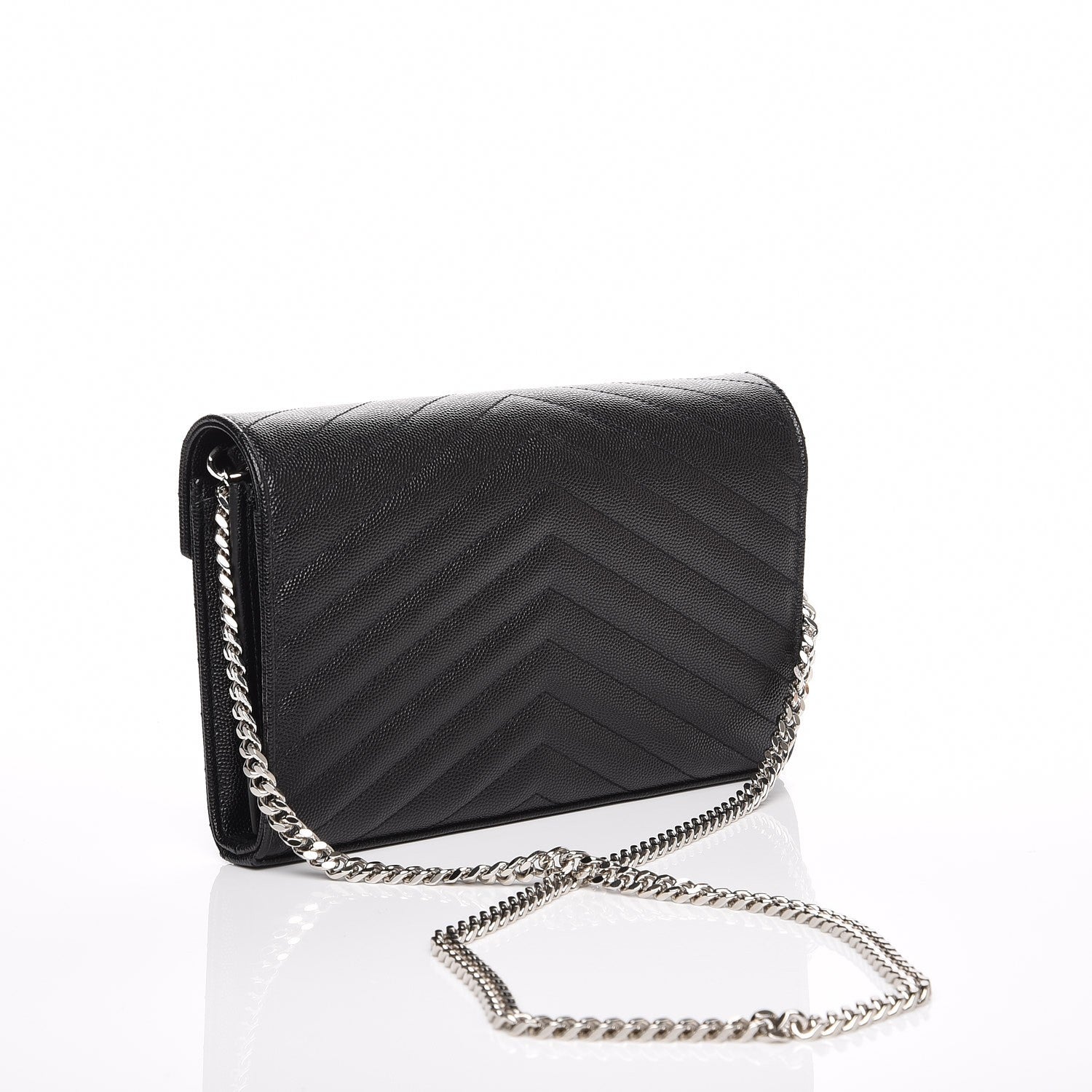 Saint Laurent Grain De Poudre Matelasse Chevron Medium Monogram Chain Wallet Black 3 of 6