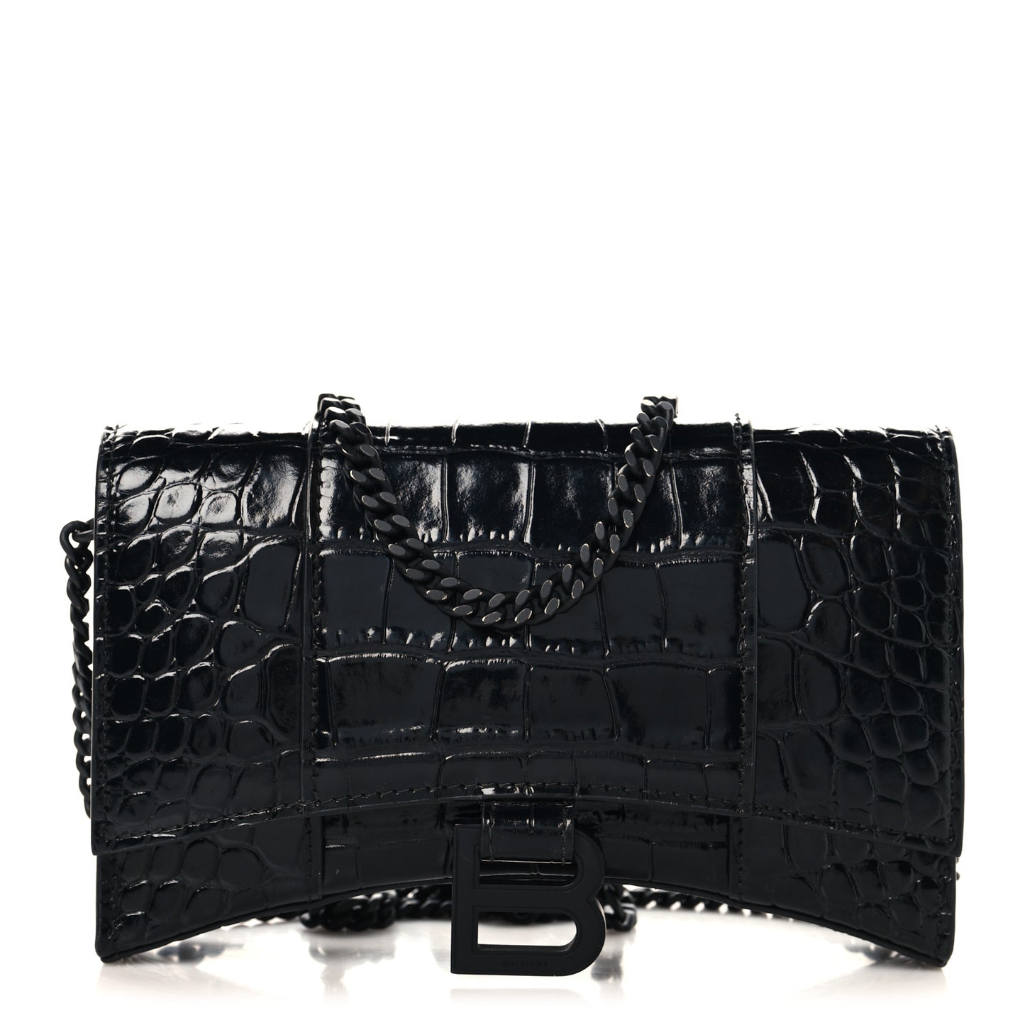 Shiny Calfskin Monochrome Crocodile Embossed Hourglass Chain Bag Black