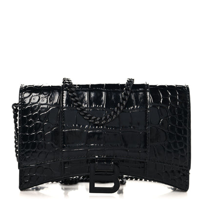 Balenciaga Shiny Calfskin Monochrome Crocodile Embossed Hourglass Chain Bag Black 1 of 10