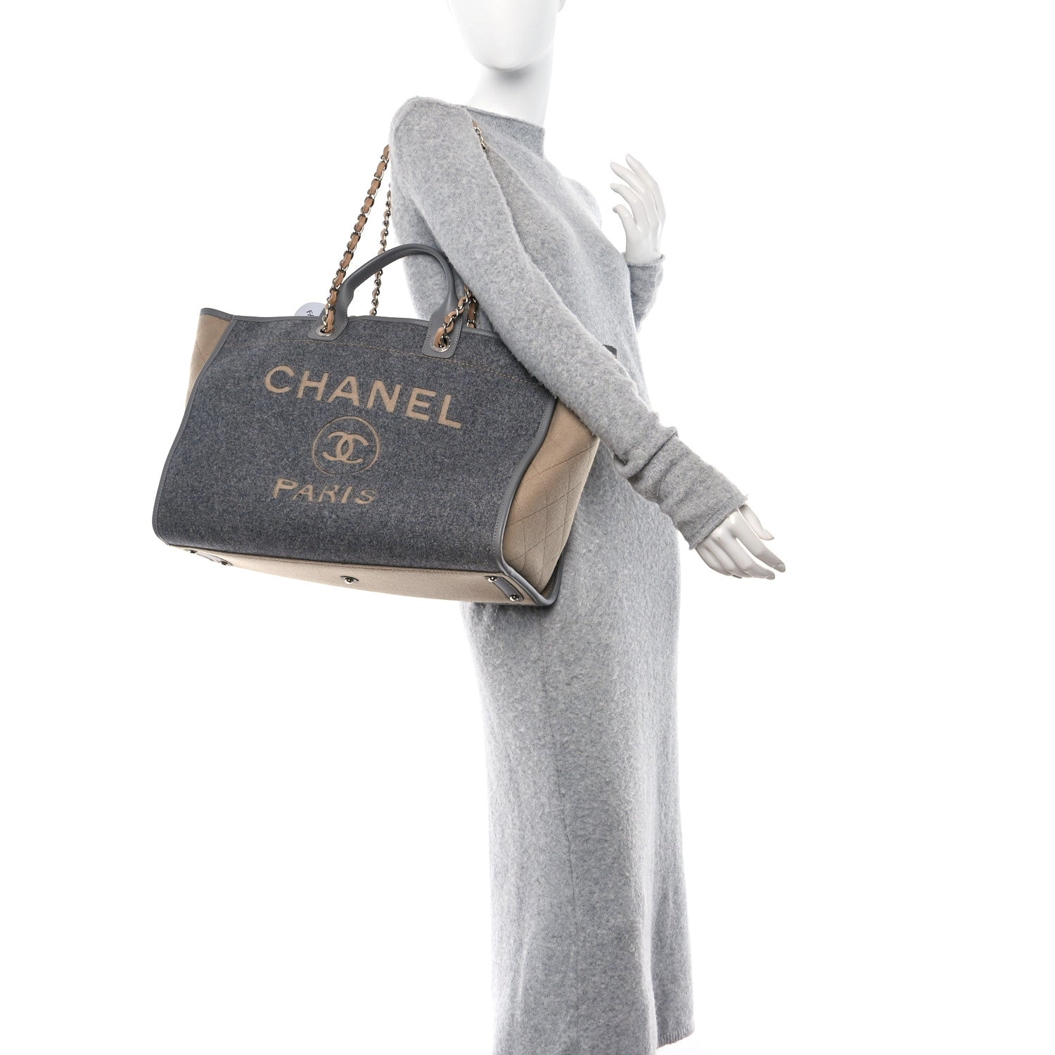 Chanel Wool Felt Large Deauville Tote Grey Beige 2 of 10