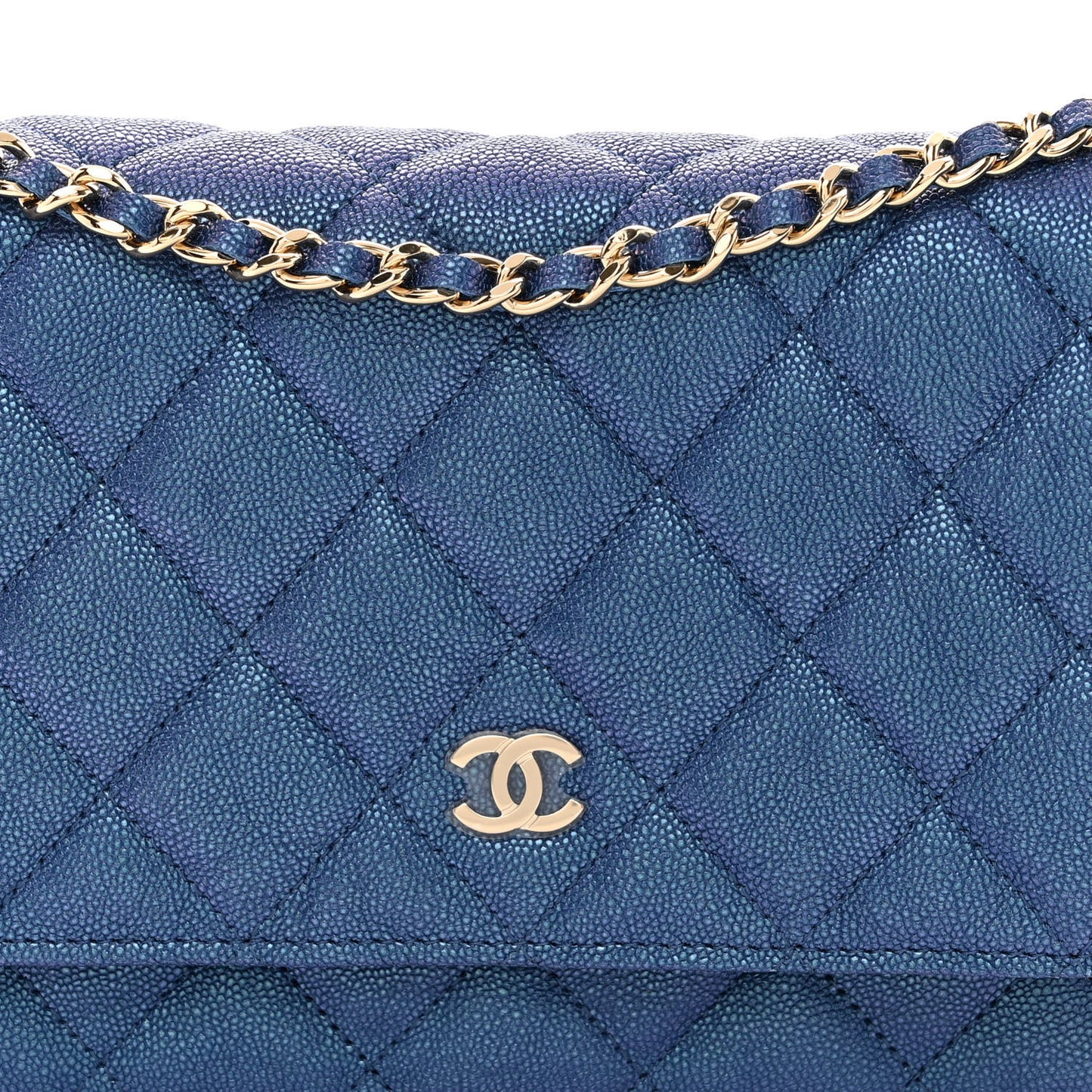Iridescent Caviar Quilted Wallet on Chain WOC Dark Blue