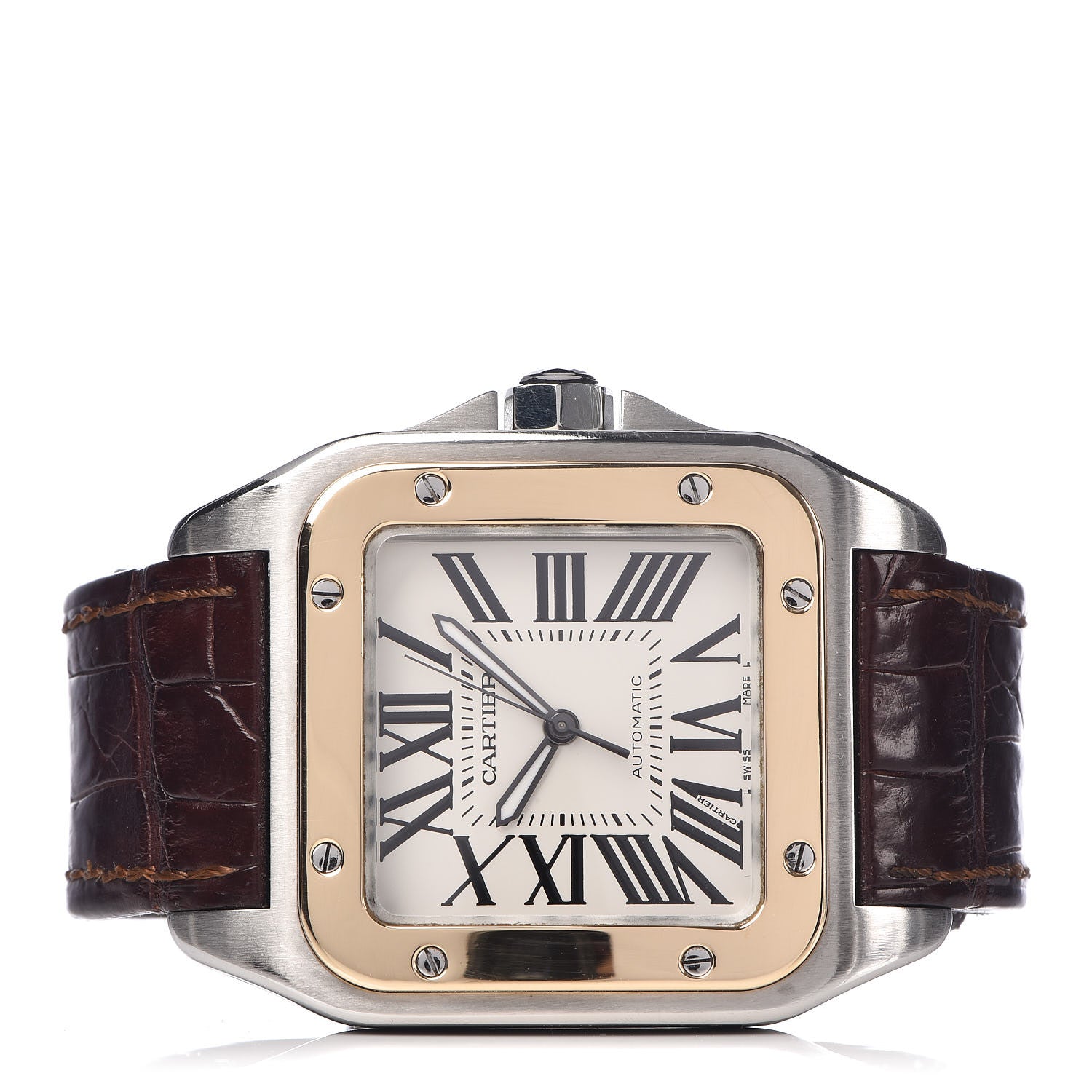 Cartier Stainless Steel 18K Yellow Gold Alligator 38mm Santos 100 Automatic Watch Brown 3 of 8