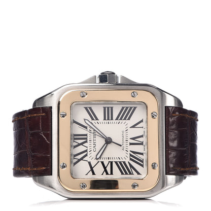 Cartier Stainless Steel 18K Yellow Gold Alligator 38mm Santos 100 Automatic Watch Brown 3 of 8