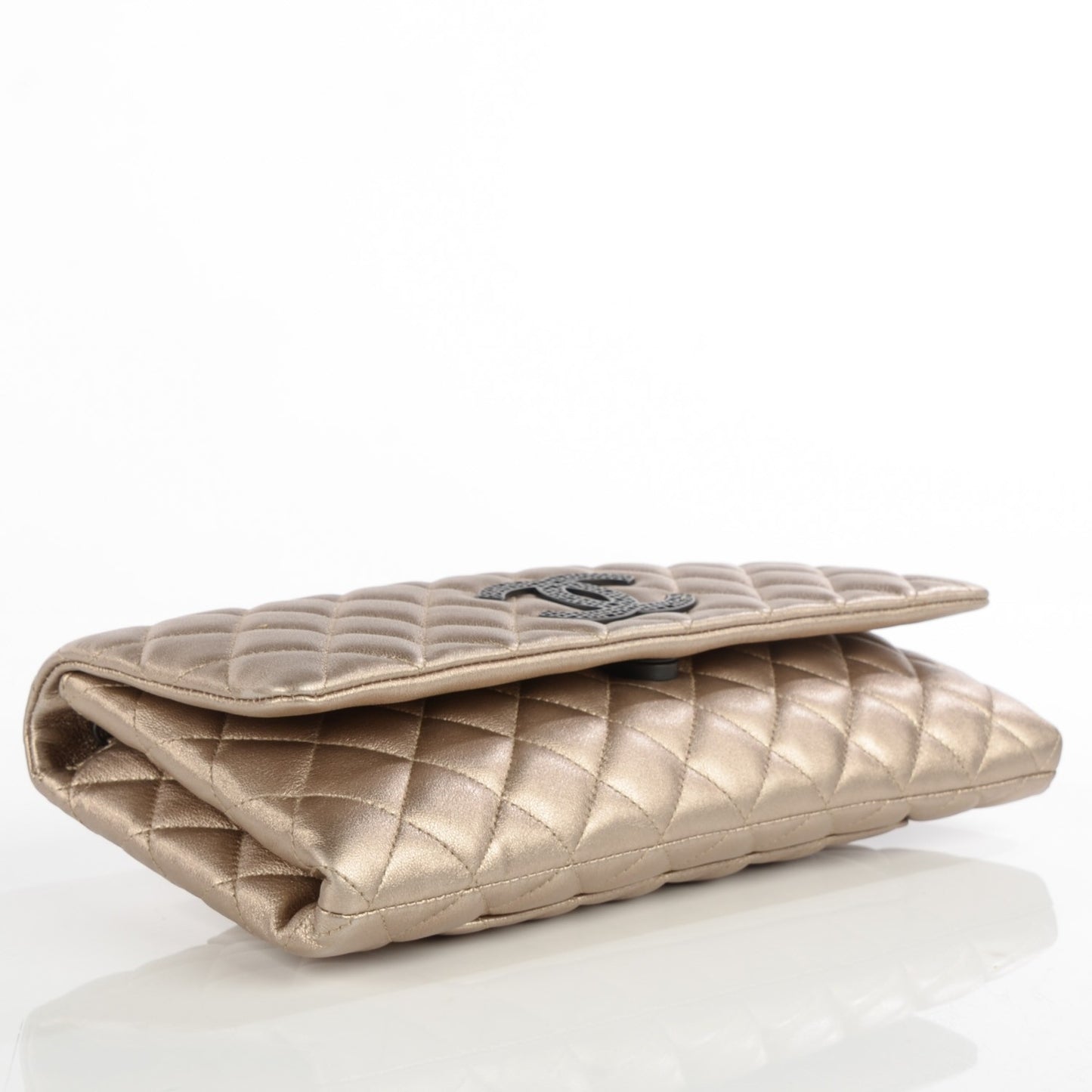 Metallic Lambskin Quilted Clutch w Butterfly Chain Gold