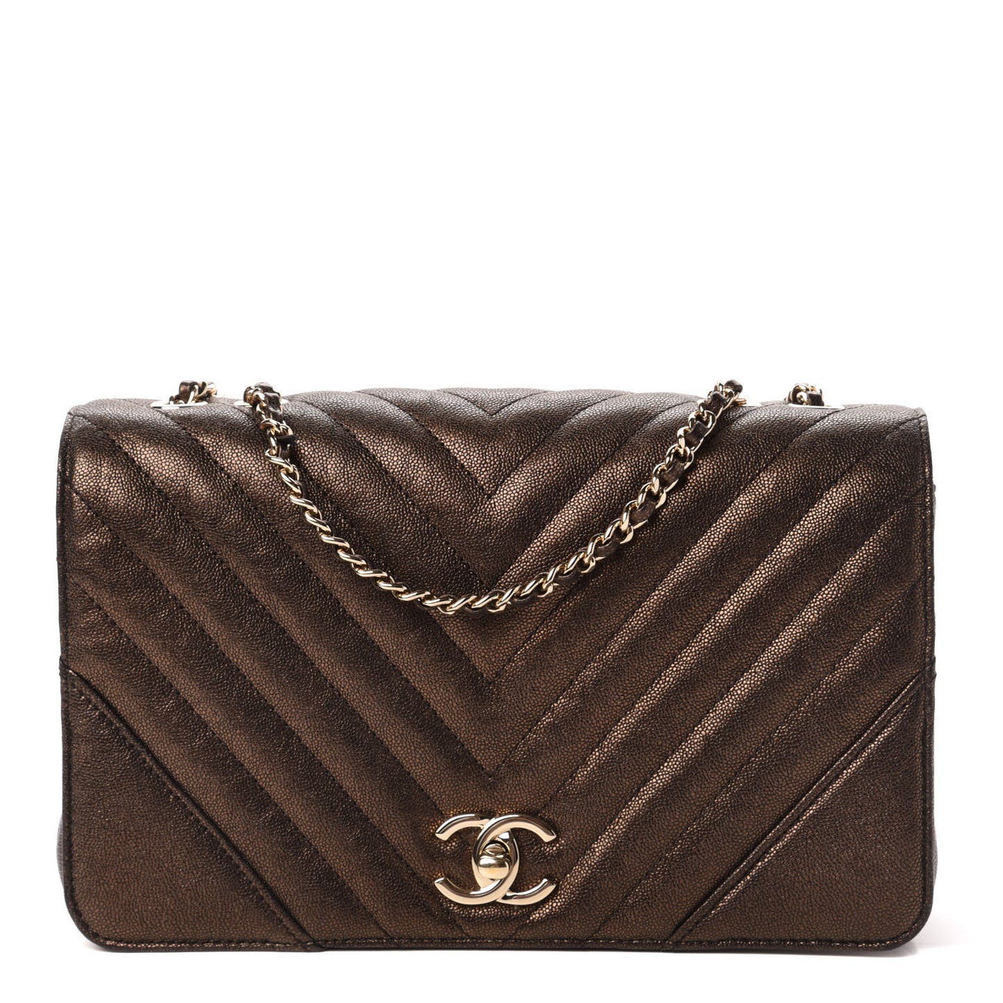 Metallic Caviar Chevron Quilted Medium Statement Flap Bronze