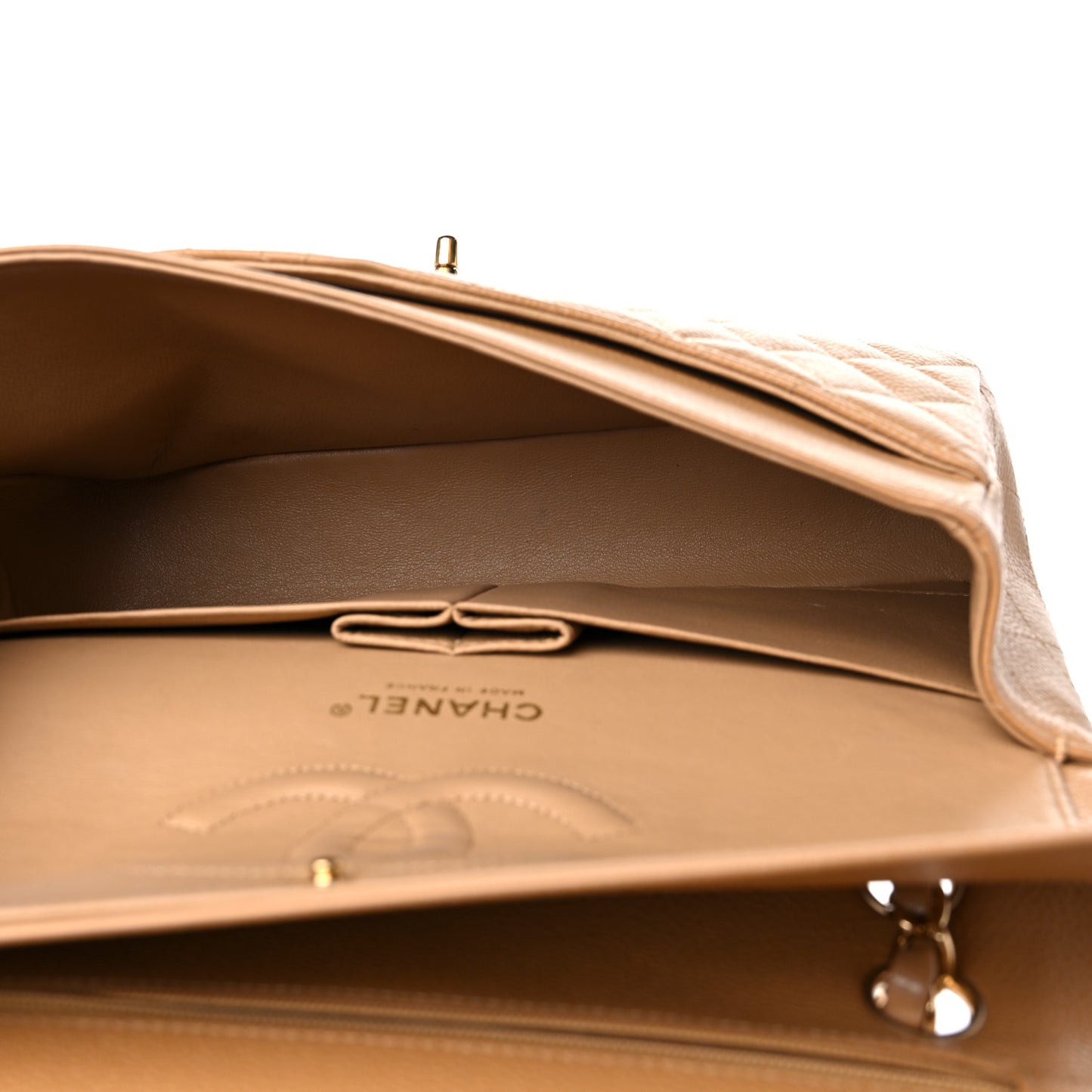 Caviar Quilted Medium Double Flap Beige