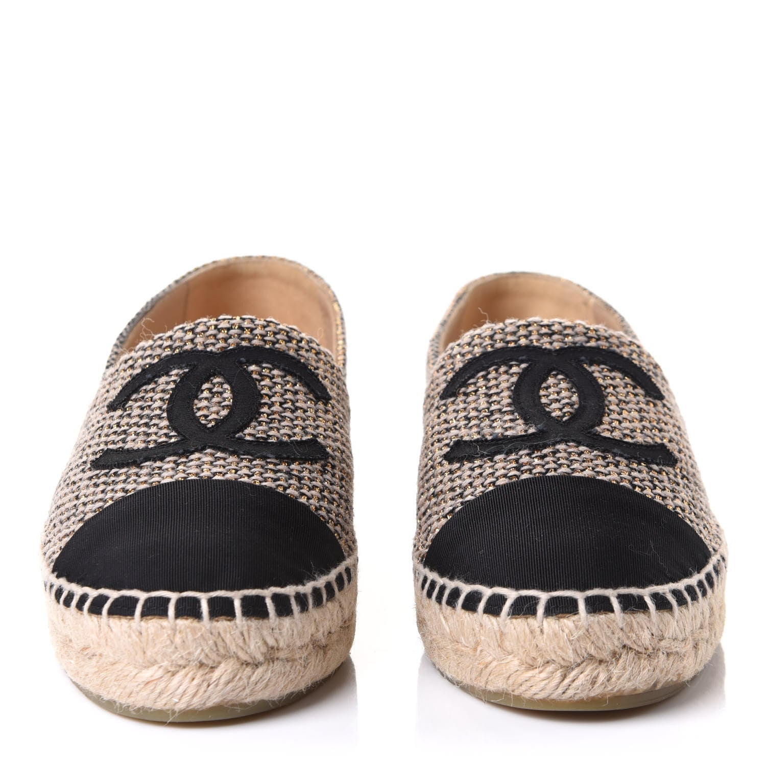 Chanel Tweed Grosgrain CC Espadrilles 36 Gold Beige Black 2 of 10