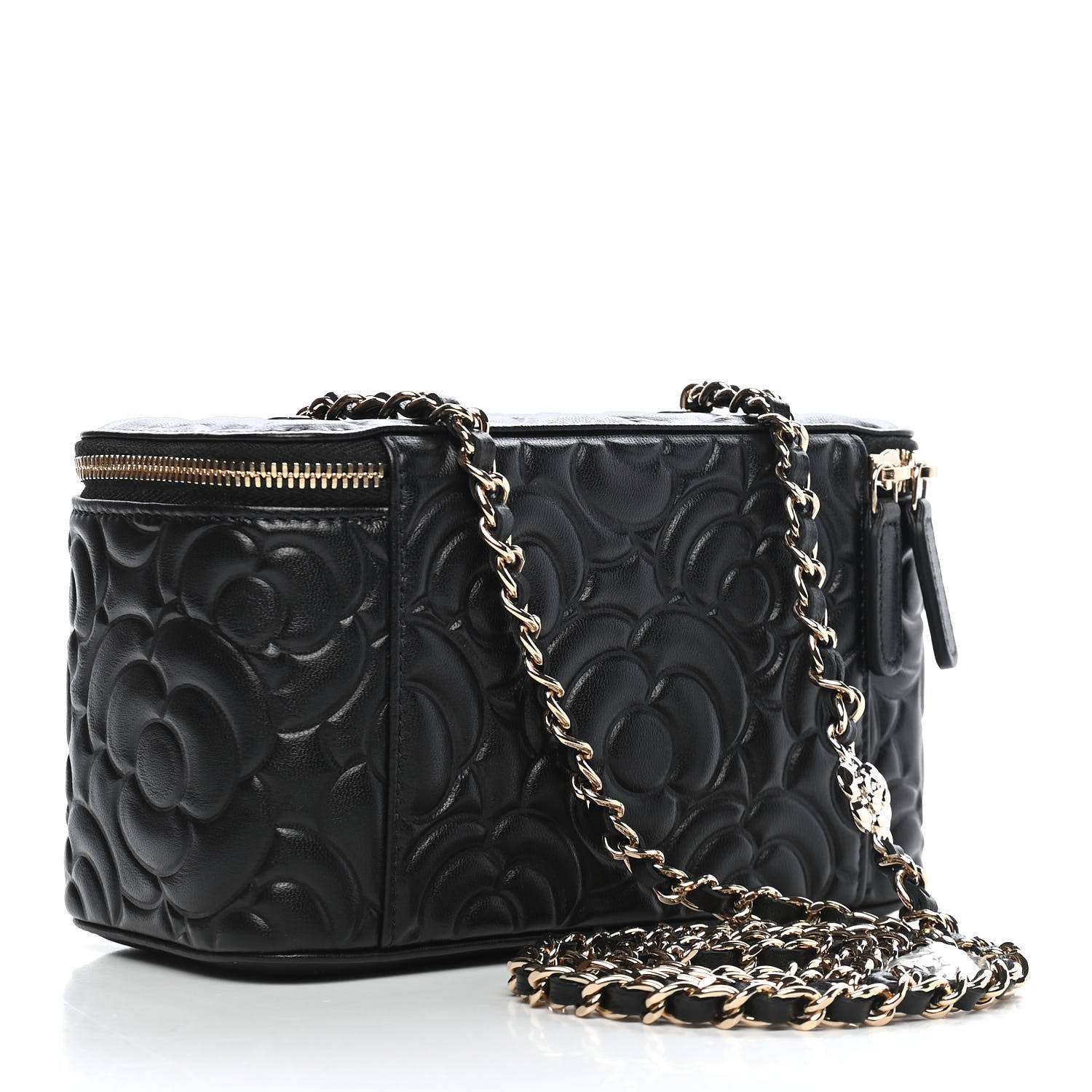 Chanel Lambskin Camellia Embossed Small Vanity Case With Chain Black 3 of 9