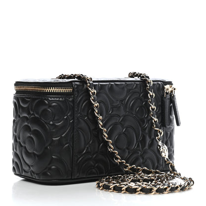 Chanel Lambskin Camellia Embossed Small Vanity Case With Chain Black 3 of 9