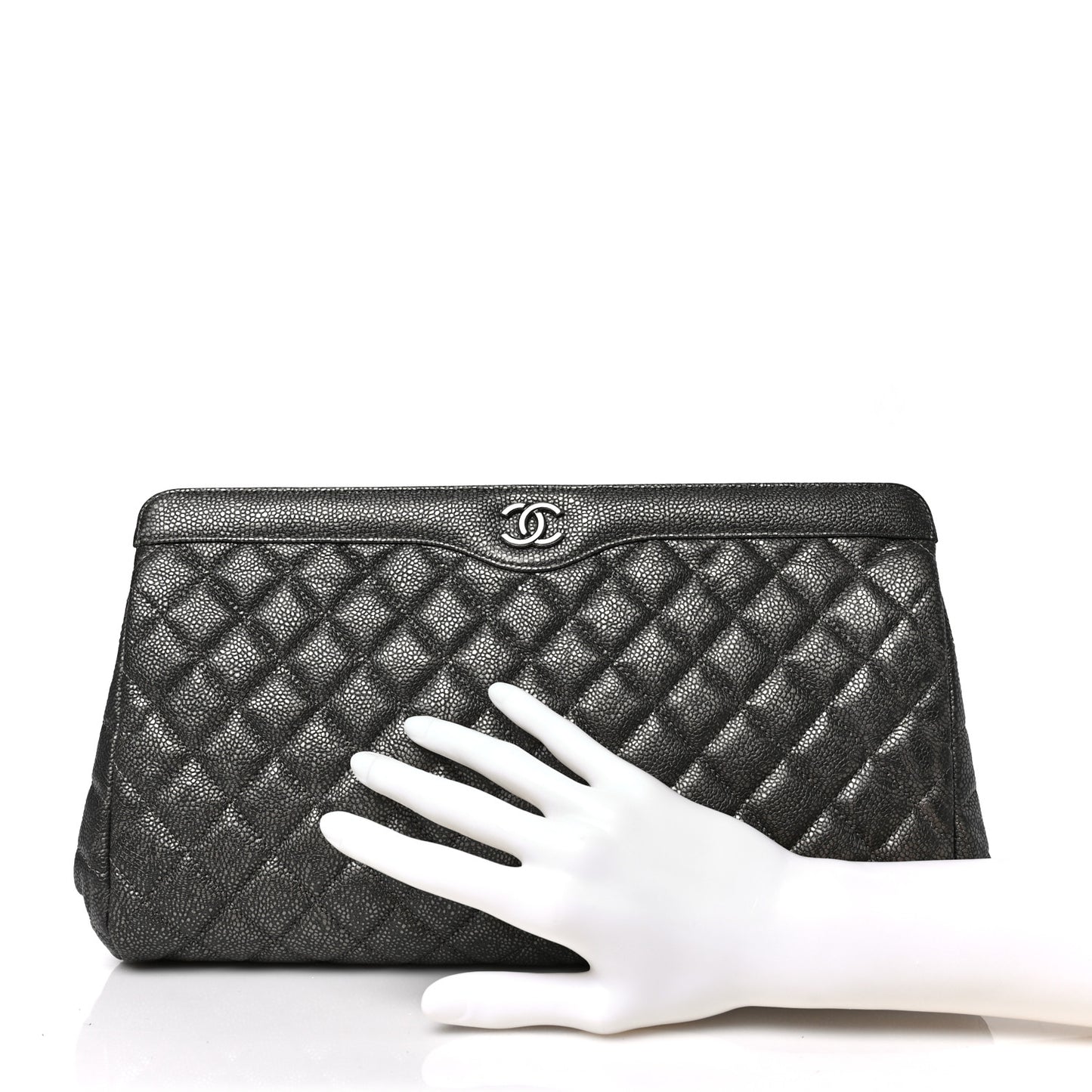 Metallic Caviar Quilted Clutch Dark Silver