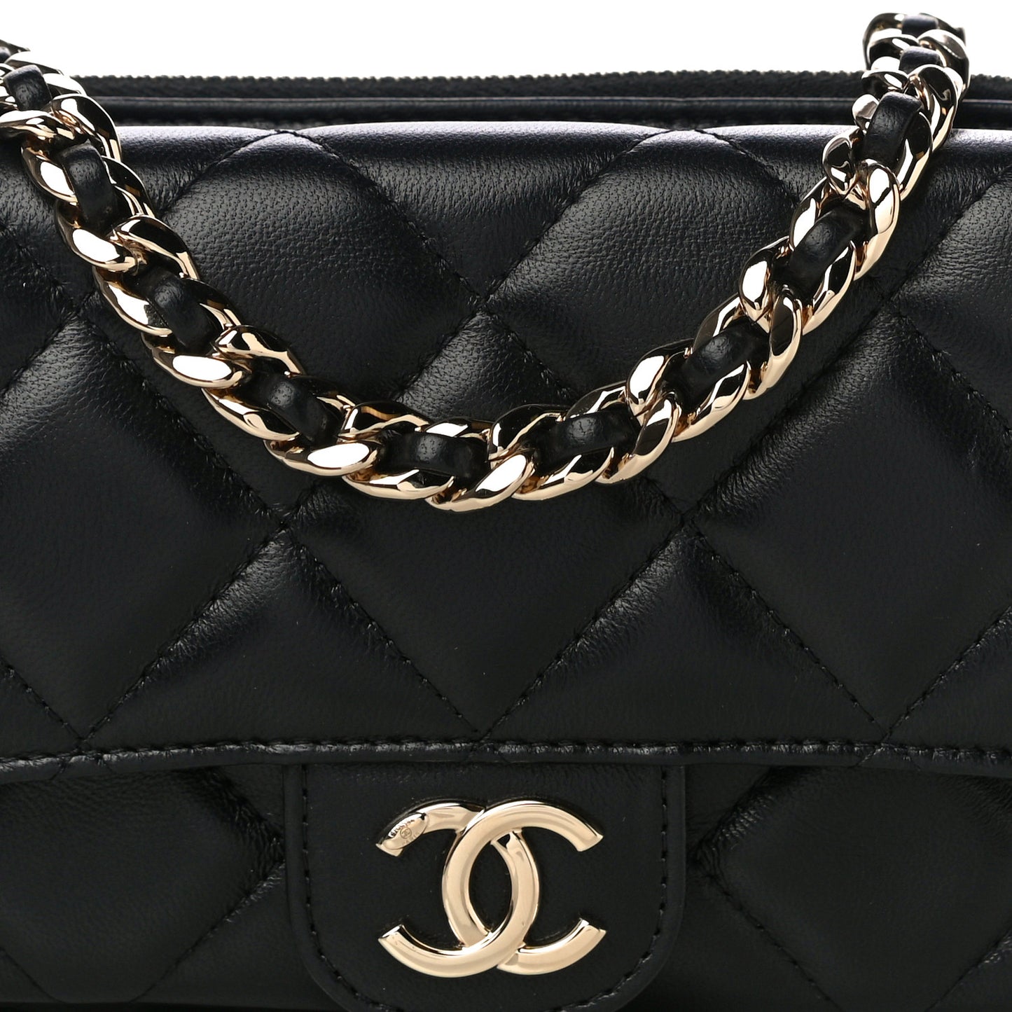 Lambskin Quilted Resin Bi-Color Flap Phone Holder With Chain Black