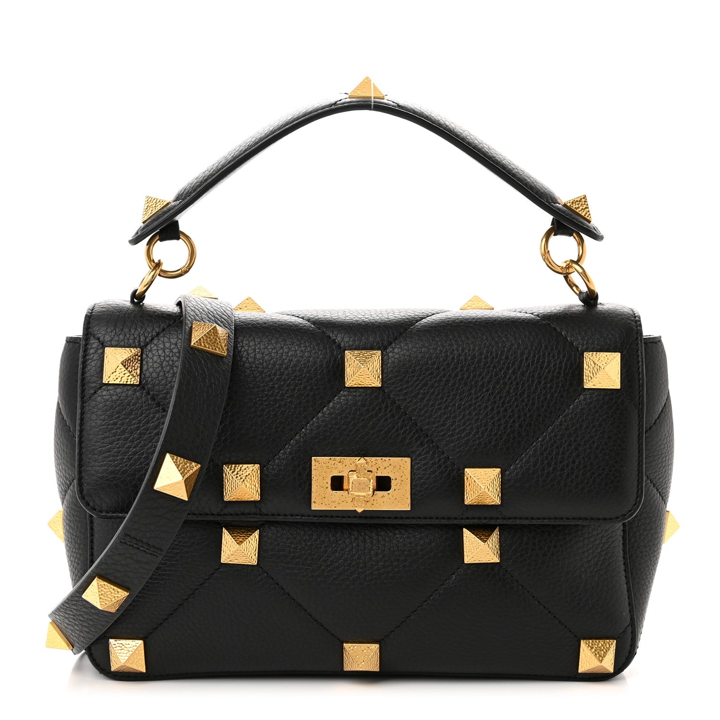 Grained Calfskin Large Roman Stud Shoulder Bag Black