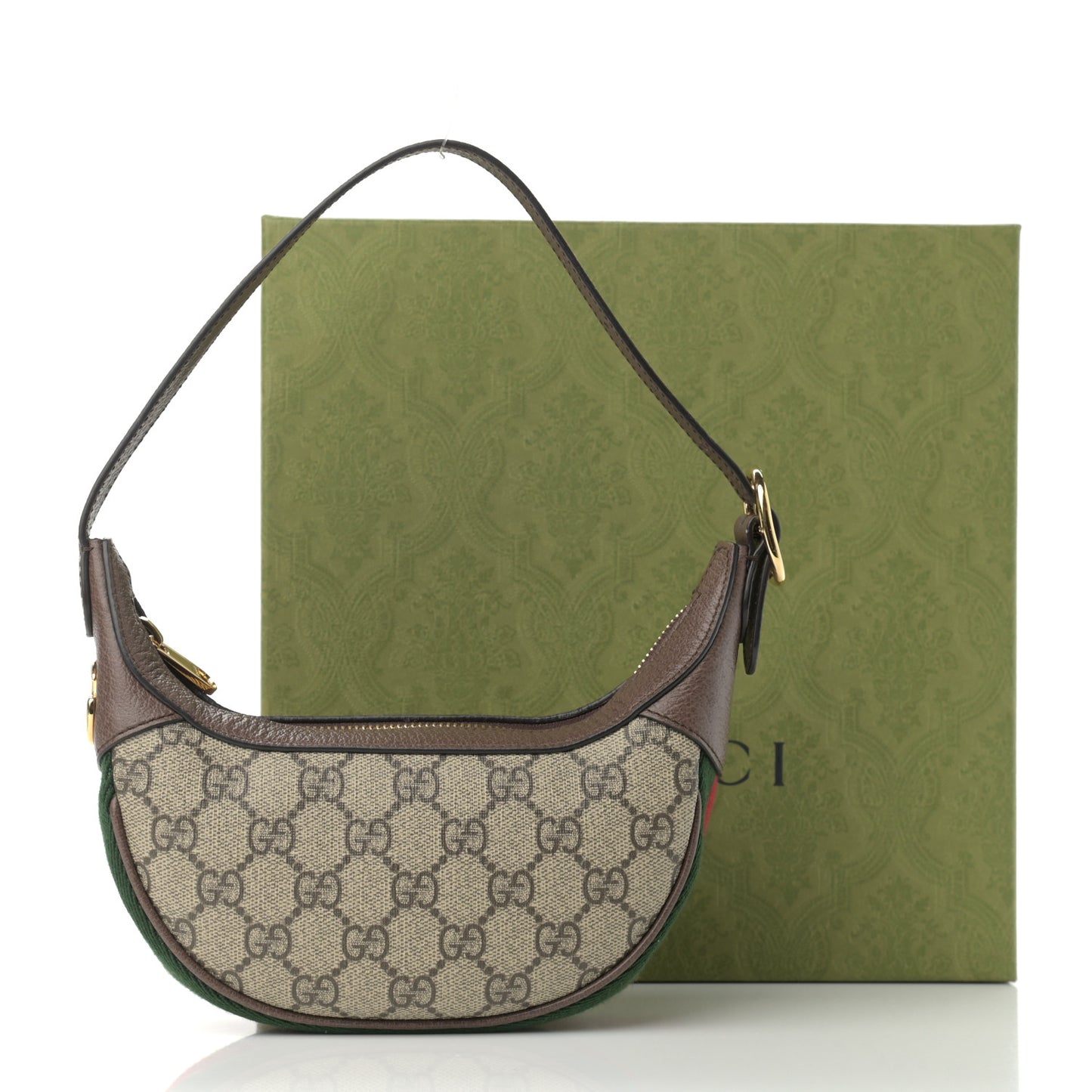 GG Supreme Monogram Textured Calfskin Web Mini Ophidia Half Moon Hobo Beige Ebony New Acero