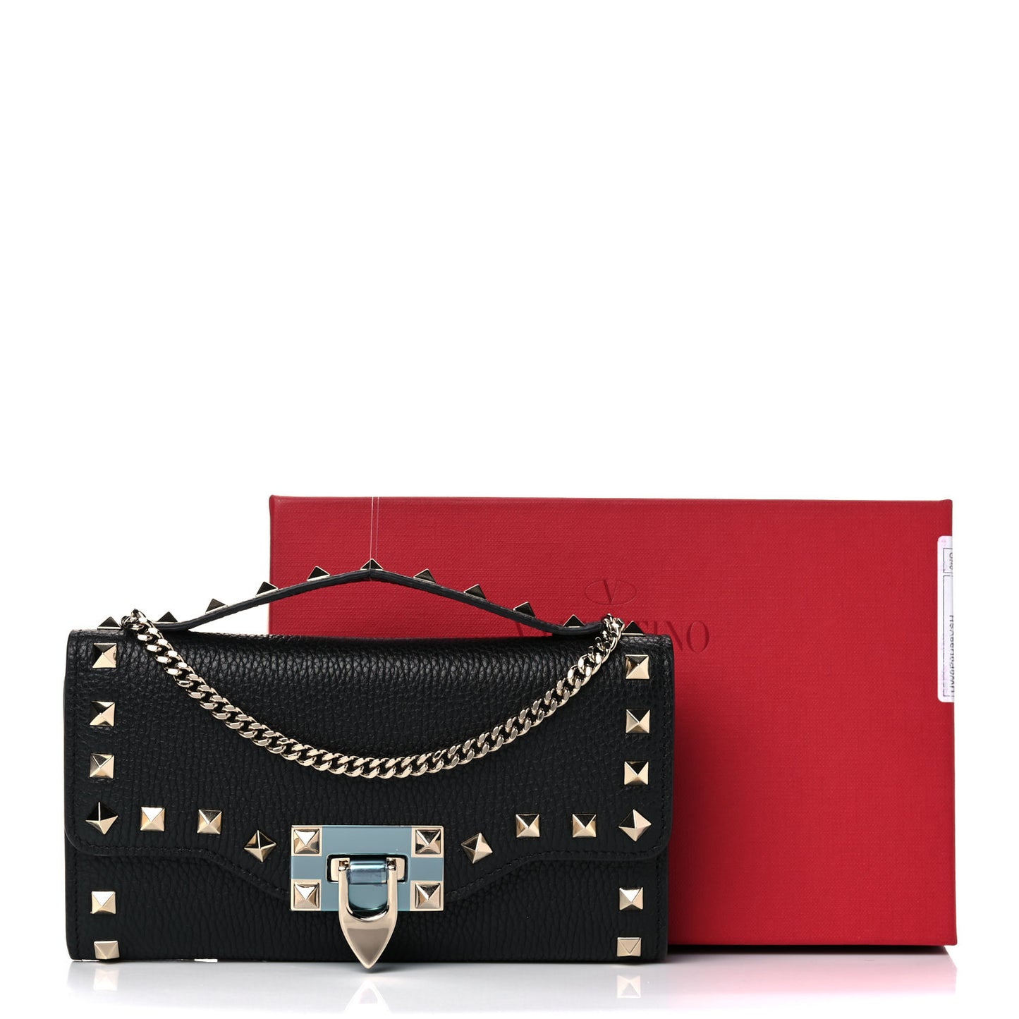 Pebbled Calfskin Rockstud Flip Lock Wallet On Chain Black
