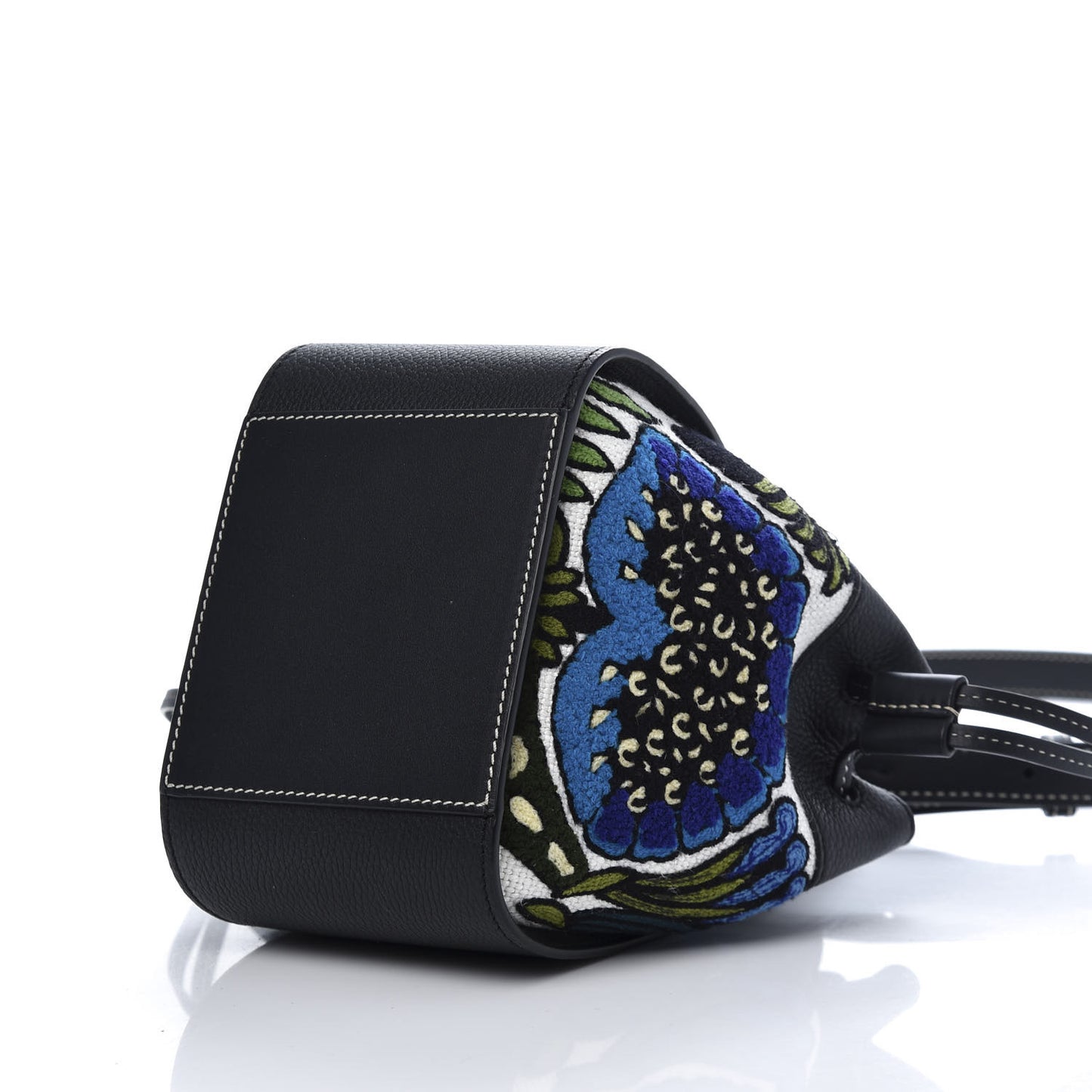 Calfskin Embroidered Floral Mini Hammock Shoulder Bag Black Peacock Blue