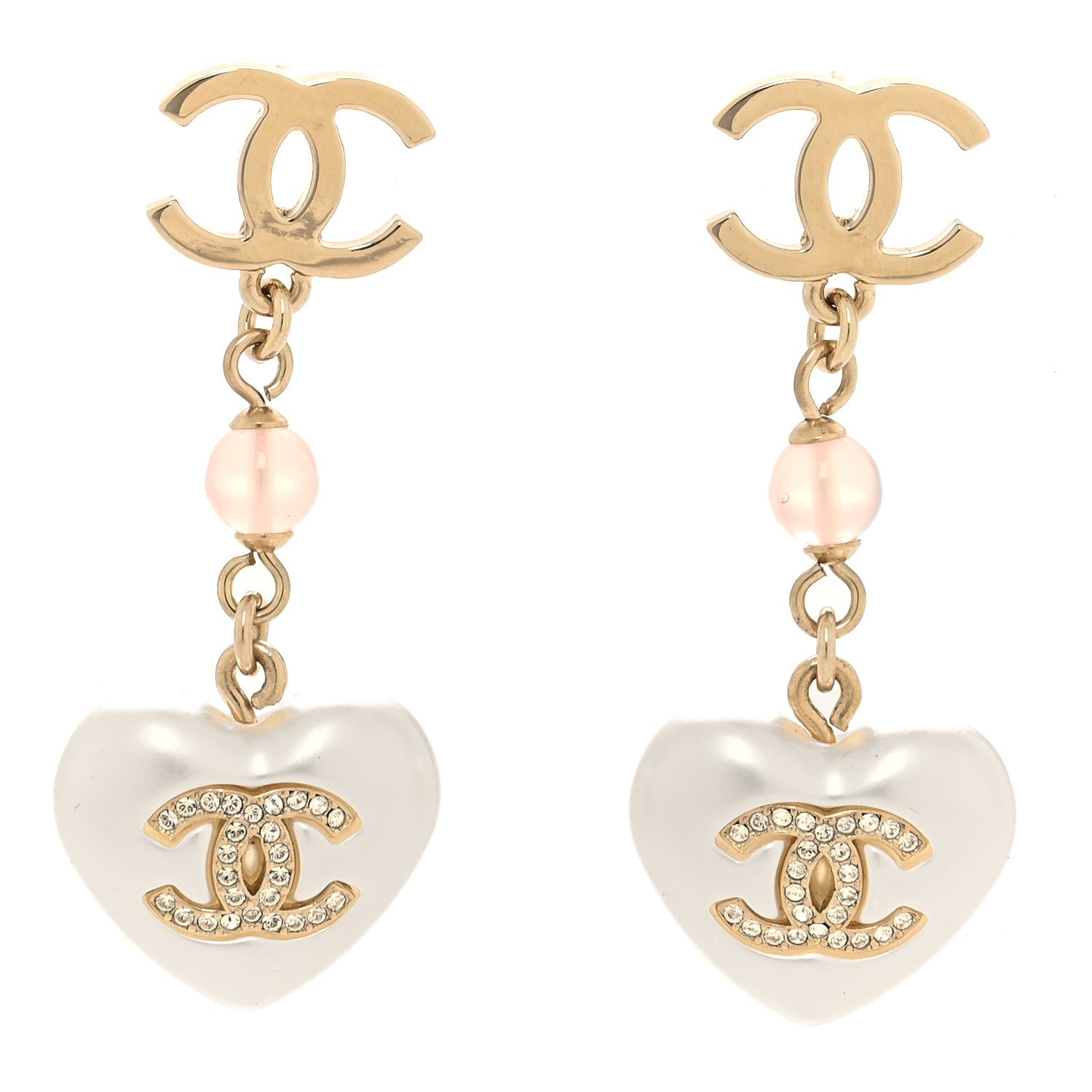 Chanel Metal Pearl Crystal Bead CC Heart Drop Earrings Pink Gold 1 of 5