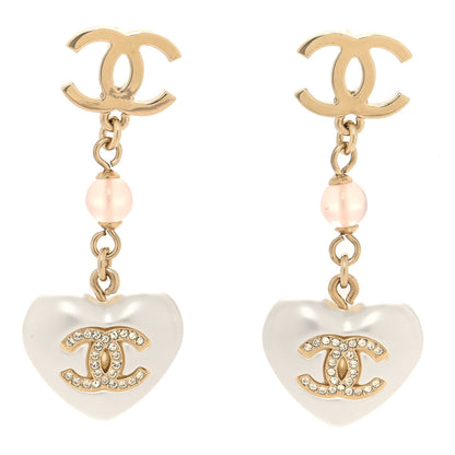 Chanel Metal Pearl Crystal Bead CC Heart Drop Earrings Pink Gold 1 of 5