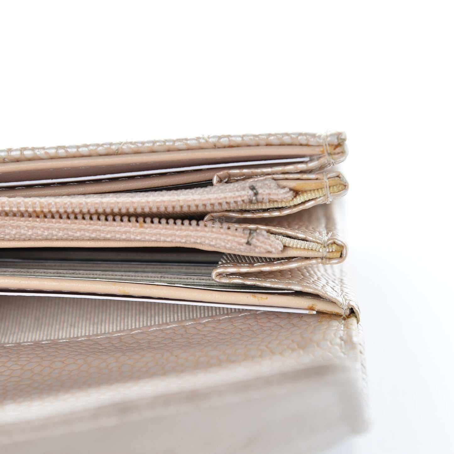 Metallic Caviar Quilted Large Gusset Flap Wallet Light Beige
