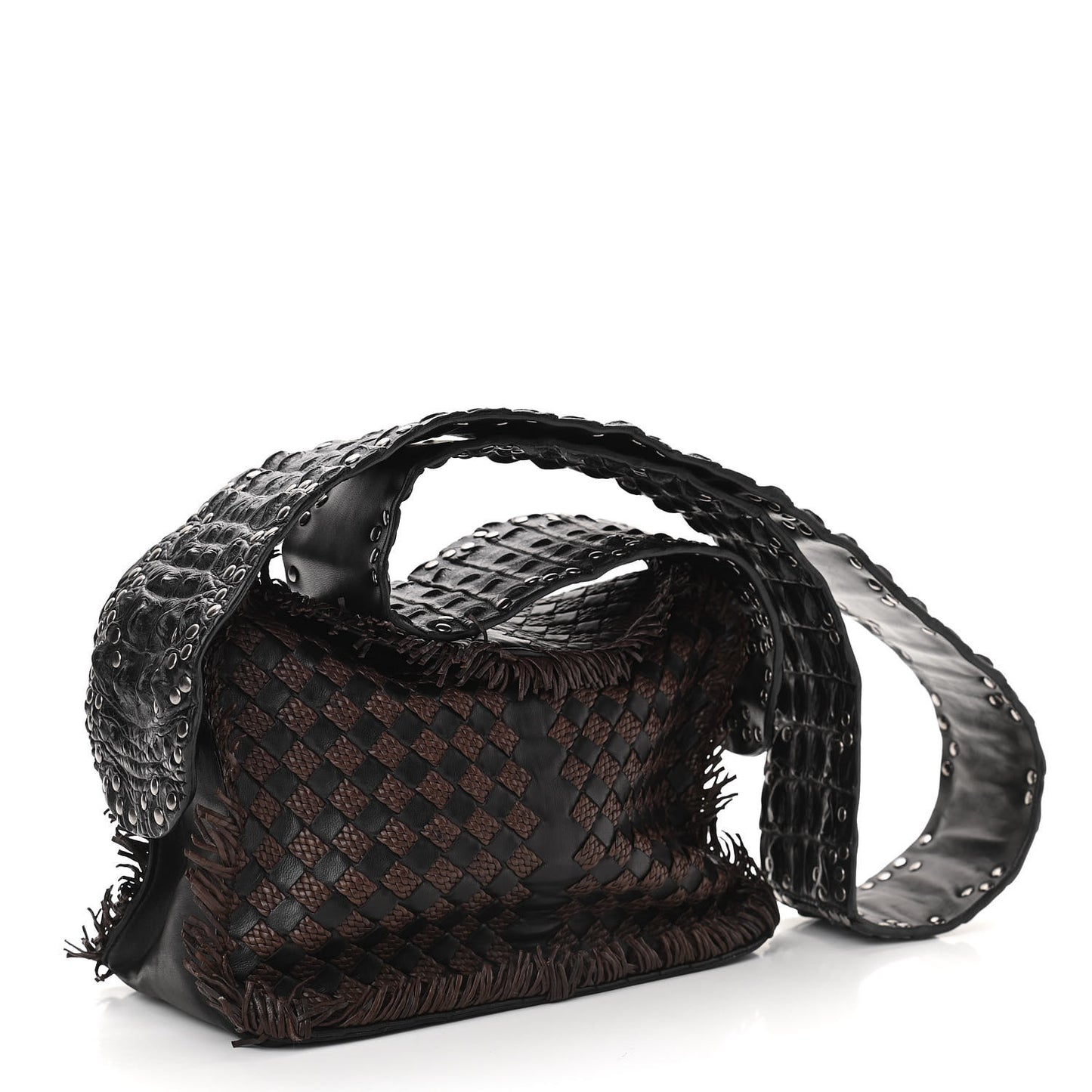 Nappa Intrecciato Alligator Fringe Shoulder Bag Black