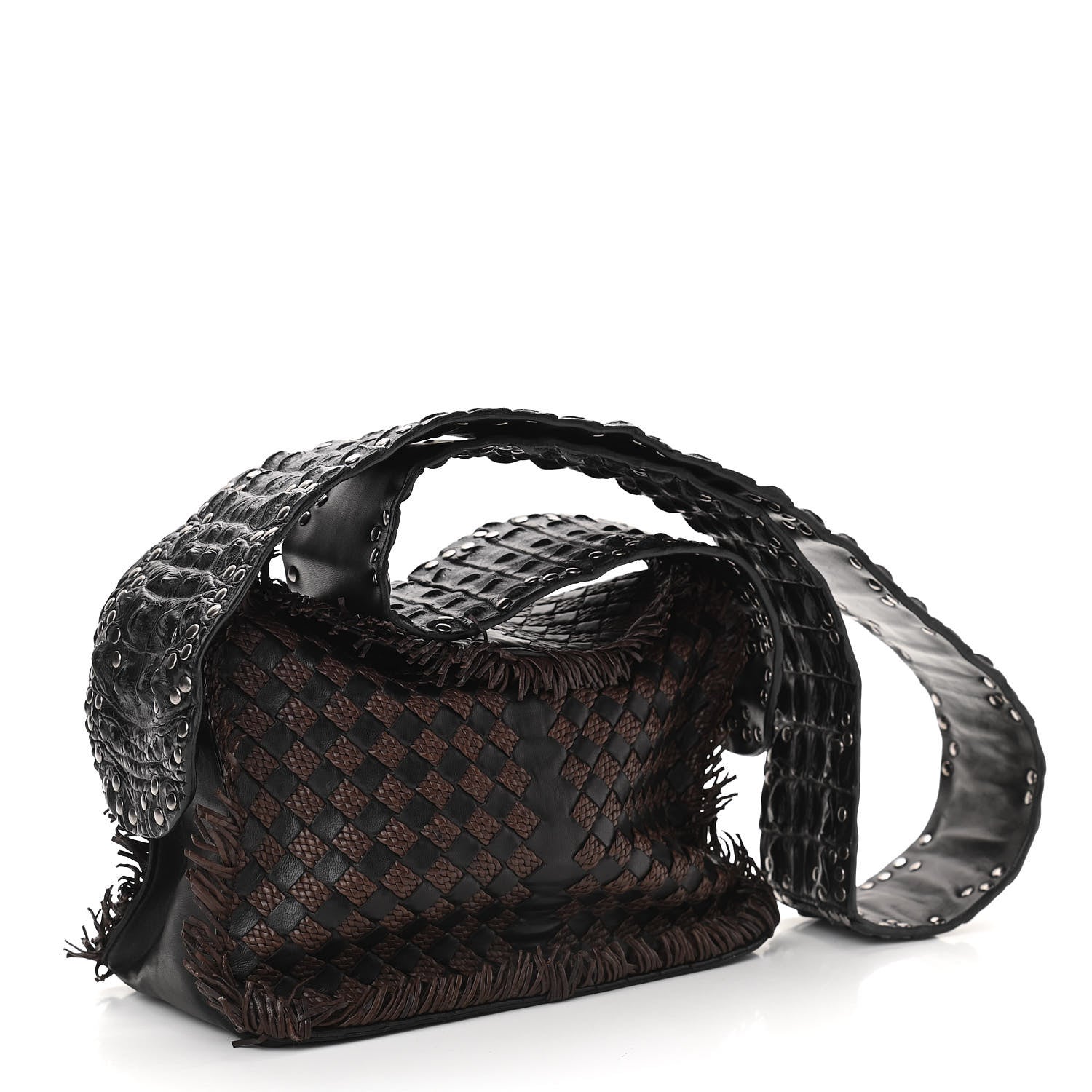 Bottega Veneta Nappa Intrecciato Alligator Fringe Shoulder Bag Black 3 of 10