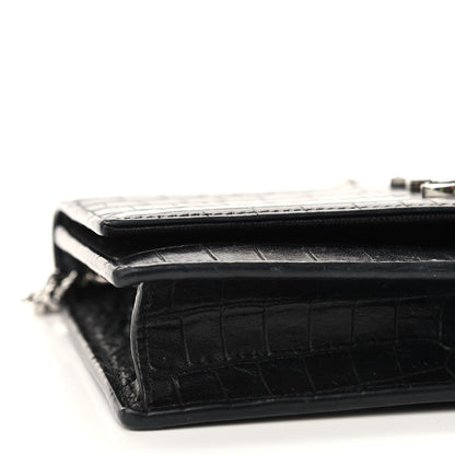 Saint Laurent Calfskin Crocodile Embossed Kate Monogram Tassel Chain Wallet Black 6 of 9
