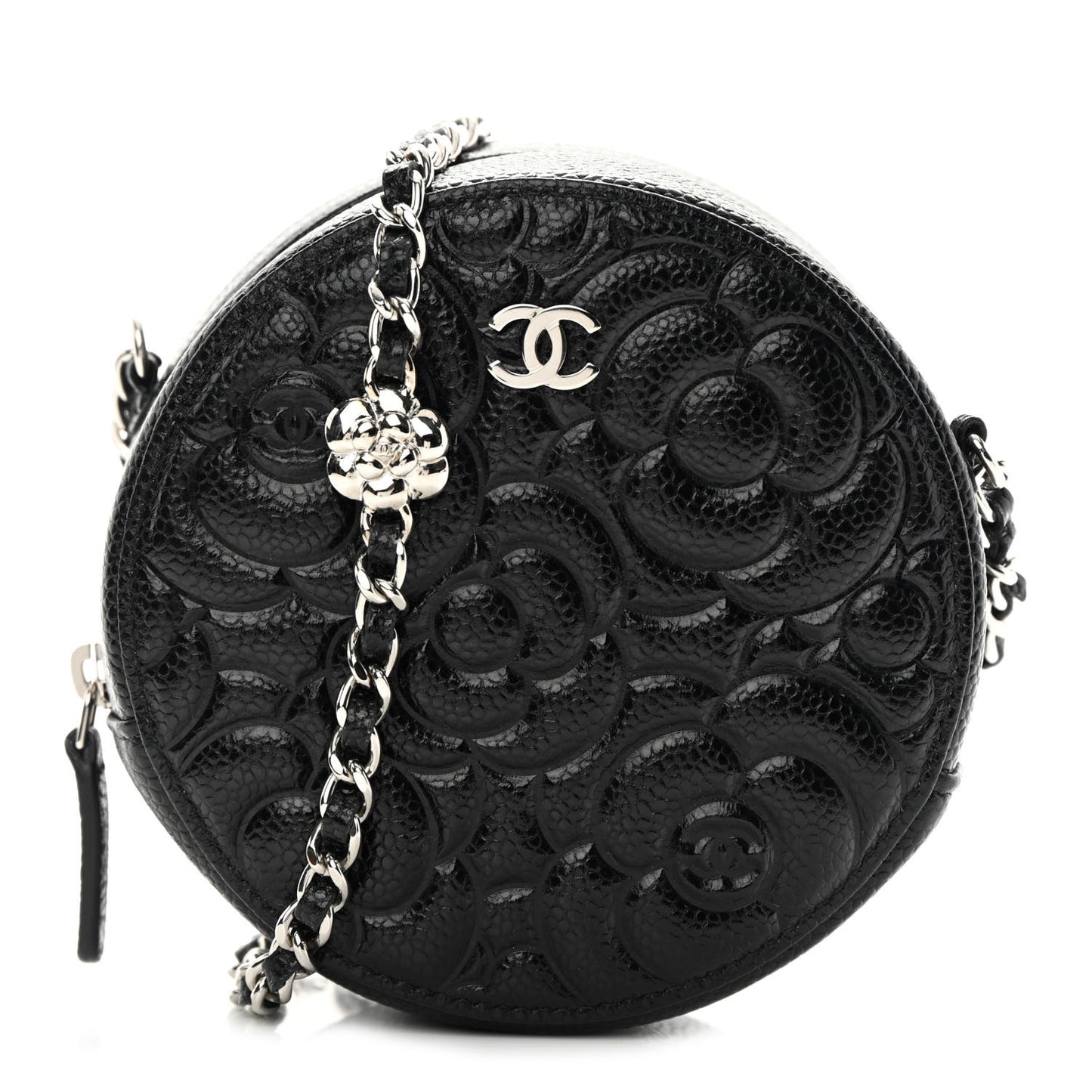 Caviar Camellia Embossed Round Clutch With Chain Black