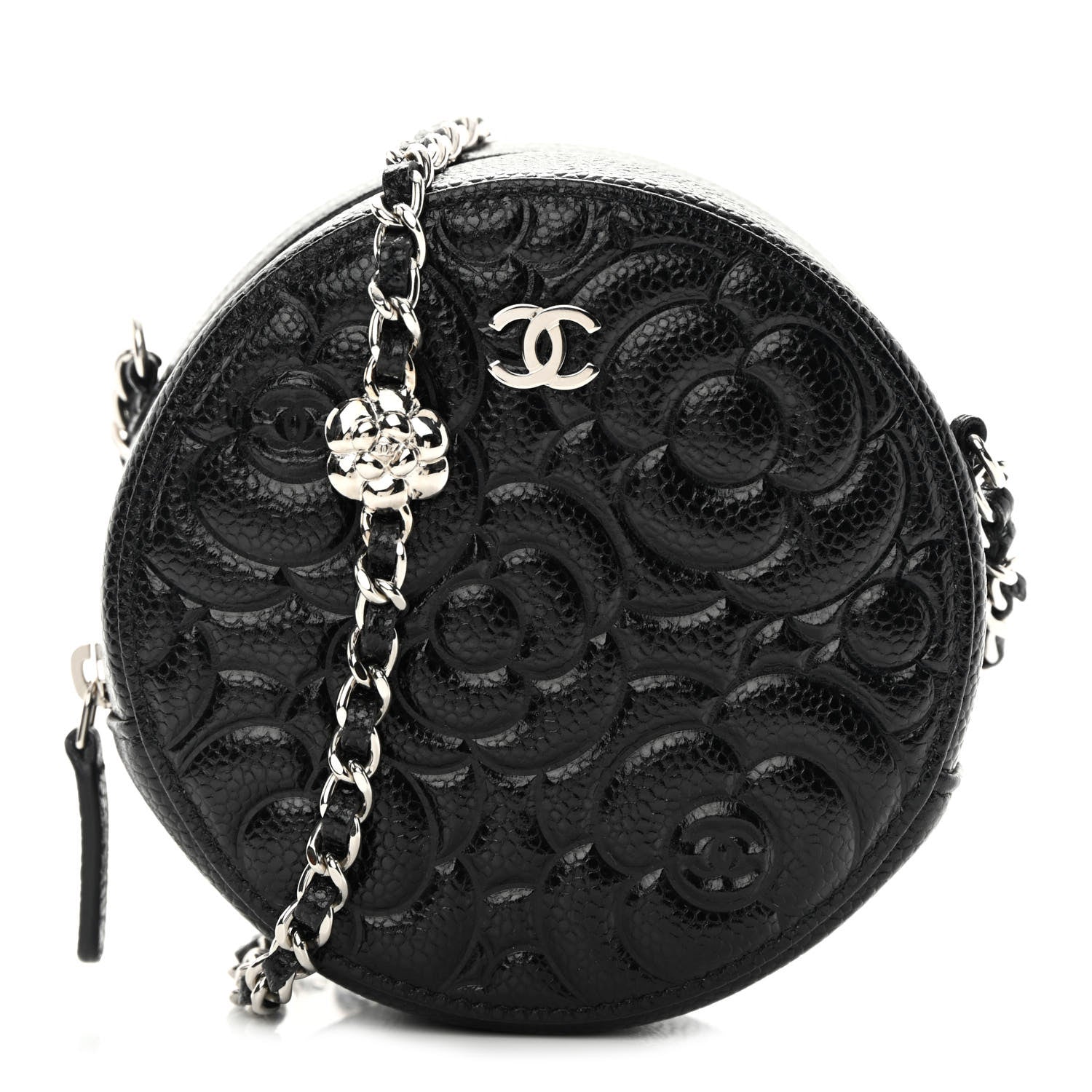 Chanel Caviar Camellia Embossed Round Clutch With Chain Black 1 of 11