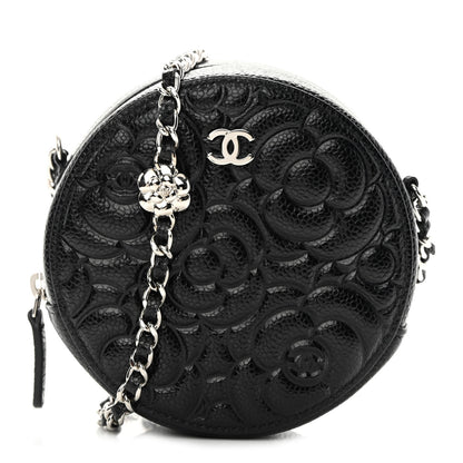 Chanel Caviar Camellia Embossed Round Clutch With Chain Black 1 of 11