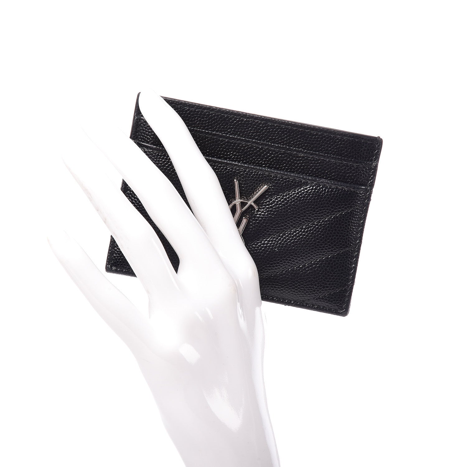 Saint Laurent Grain De Poudre Matelasse Chevron Monogram Credit Card Case Black 2 of 9