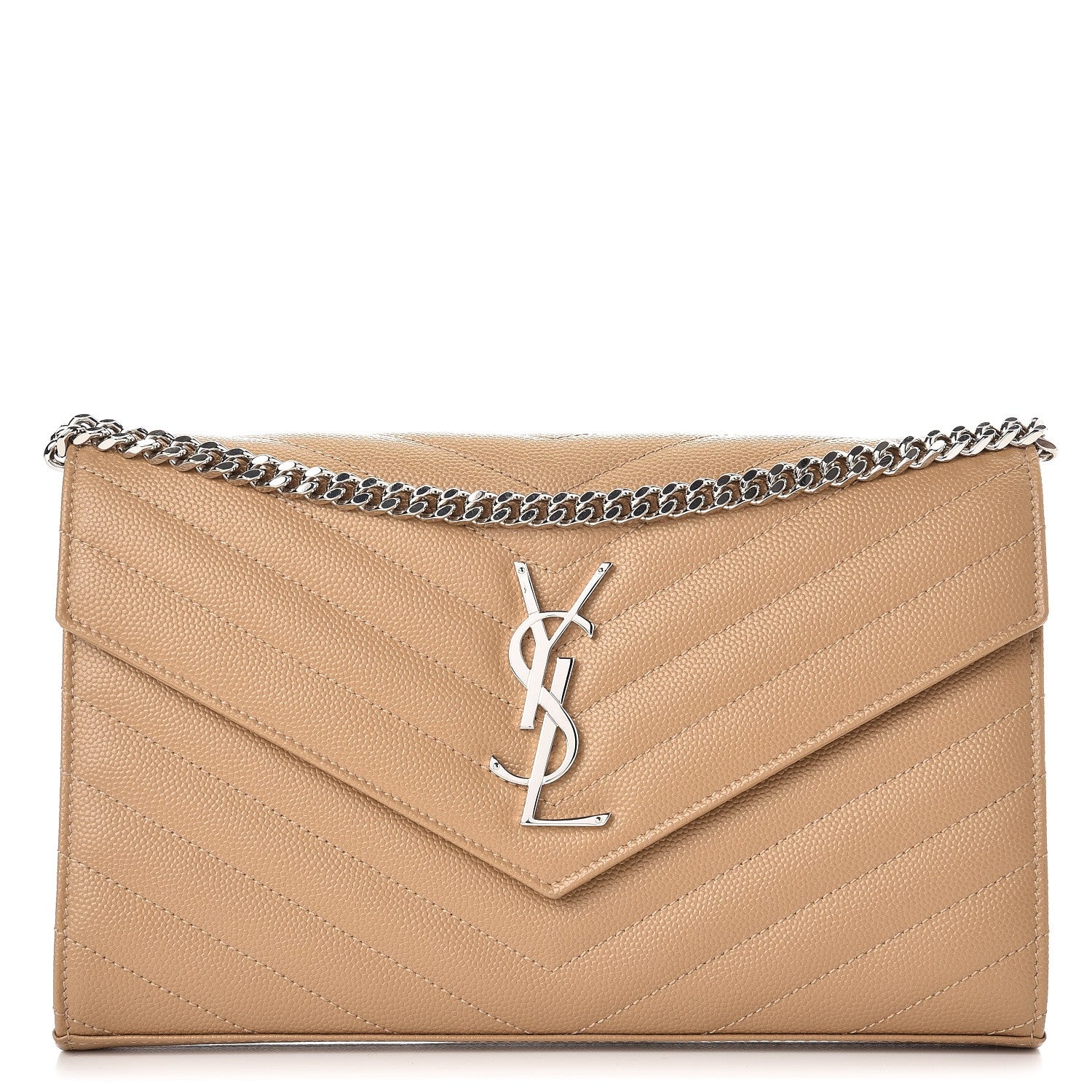 Saint Laurent Grain De Poudre Matelasse Chevron Monogram Chain Wallet Deep Beige 1 of 7