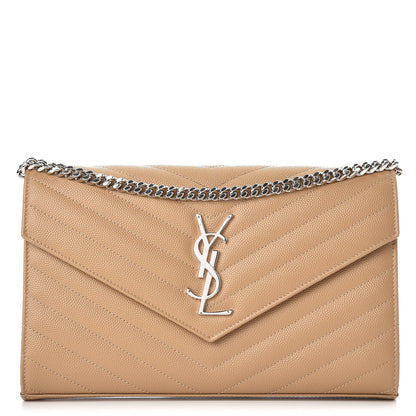 Saint Laurent Grain De Poudre Matelasse Chevron Monogram Chain Wallet Deep Beige 1 of 7