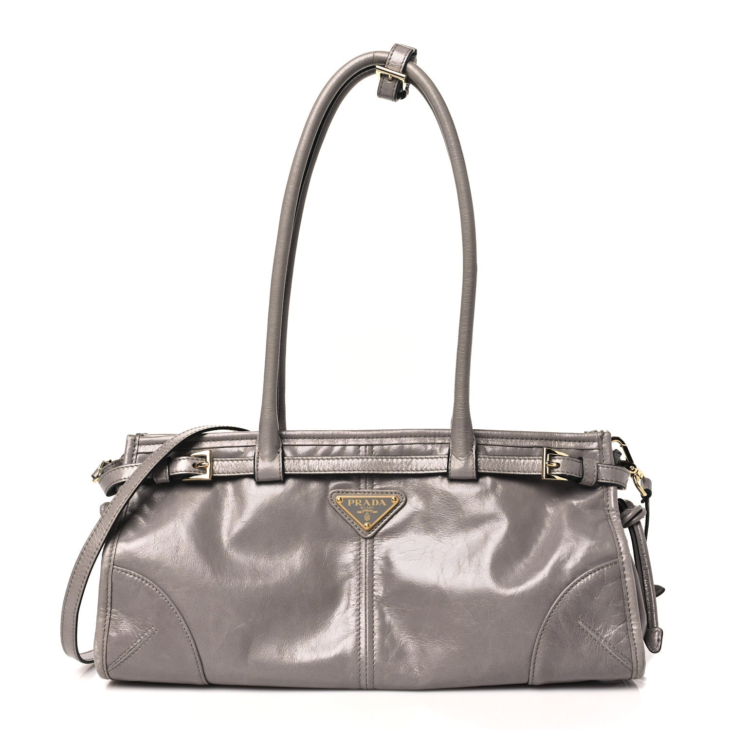 Prada Glossy Calfskin Triangle Medium Bonnie Shoulder Bag Pewter 1 of 10