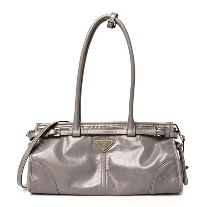 Prada Glossy Calfskin Triangle Medium Bonnie Shoulder Bag Pewter 1 of 10