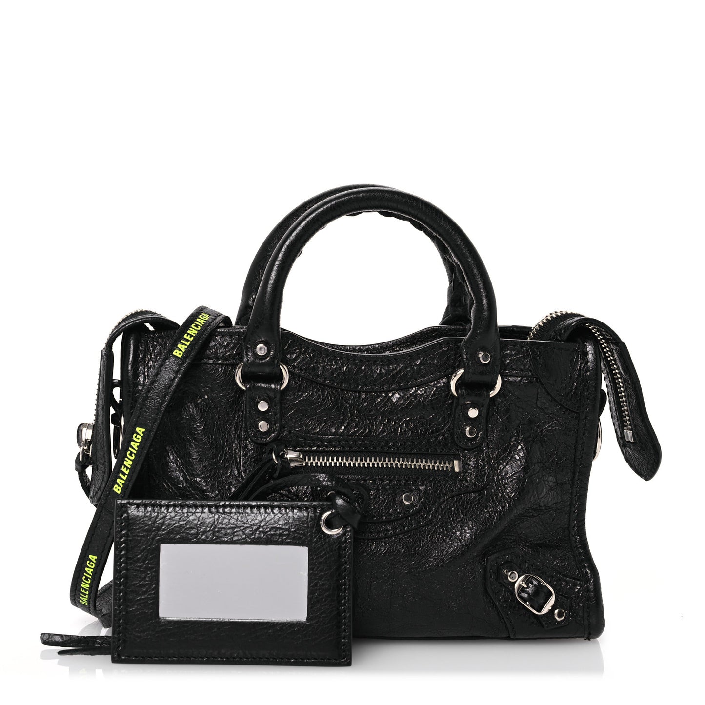 Agneau Classic Silver Hardware Nano City Logo Strap Black Fluo Yellow