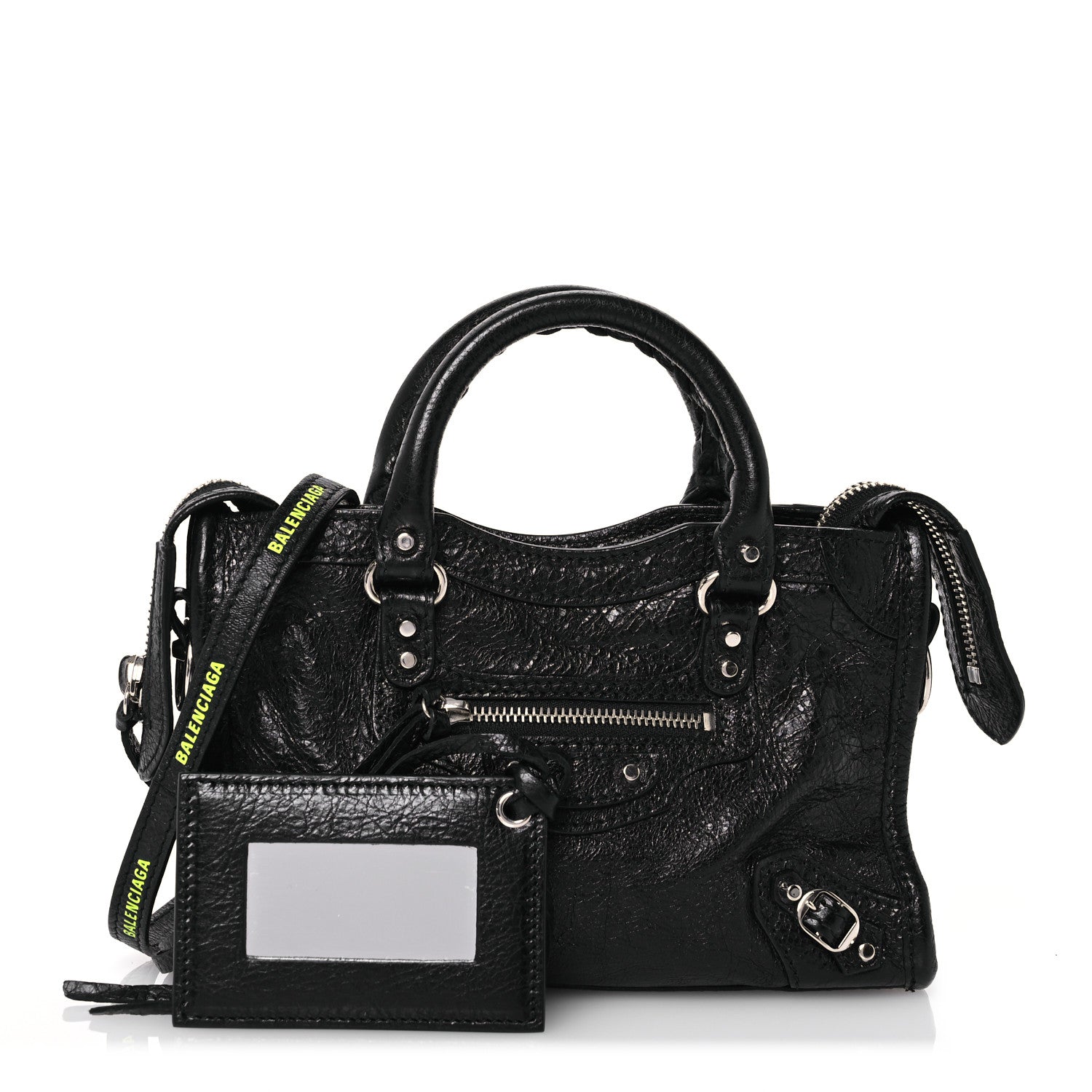 Balenciaga Agneau Classic Silver Hardware Nano City Logo Strap Black Fluo Yellow 1 of 11
